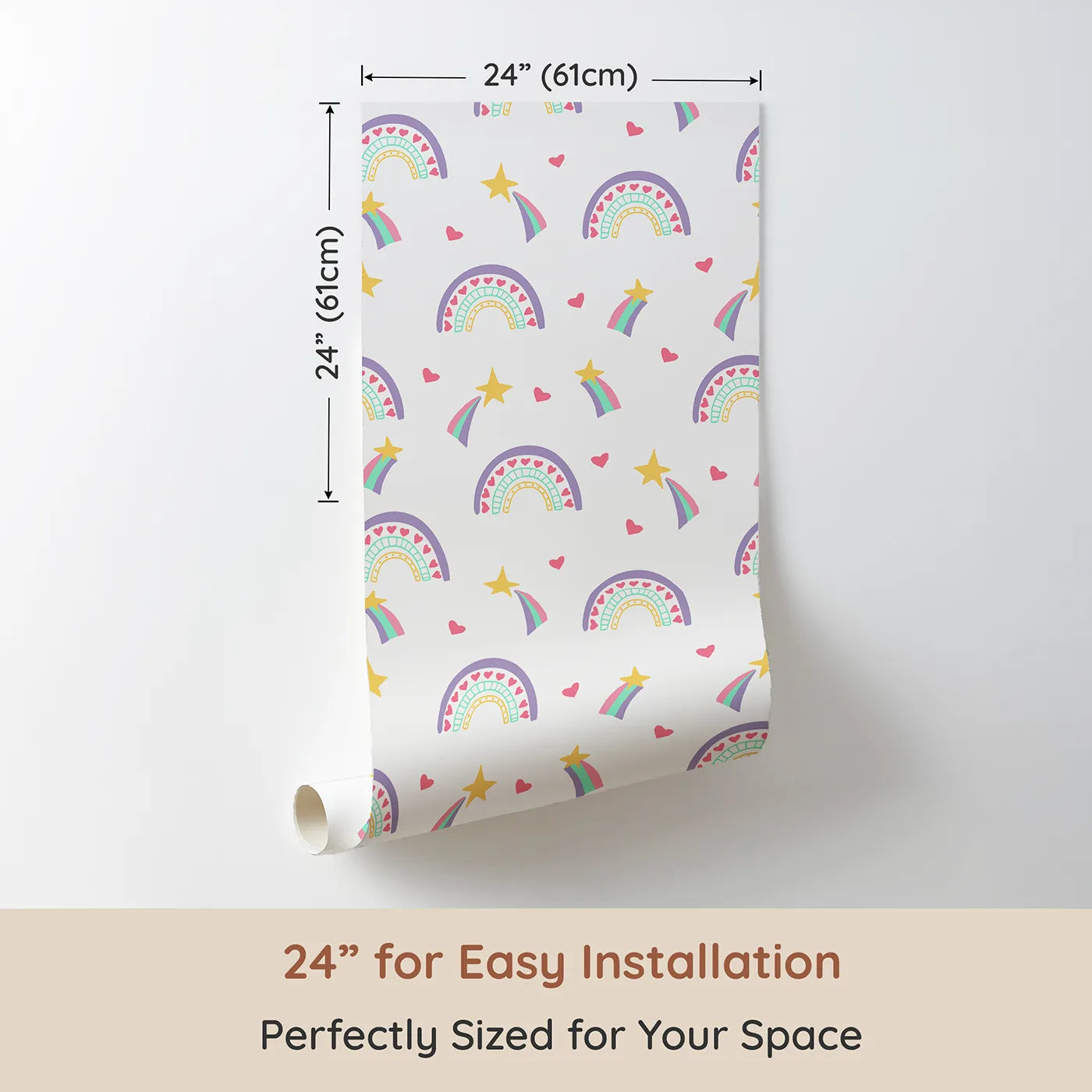 Dimension view of Whimsy Tots Doodle Rainbow Hearts Wallpaper (W2196). Printed in 24-inch-wide panel for easy installation. Where happy rainbows and shooting stars are filled with hearts.