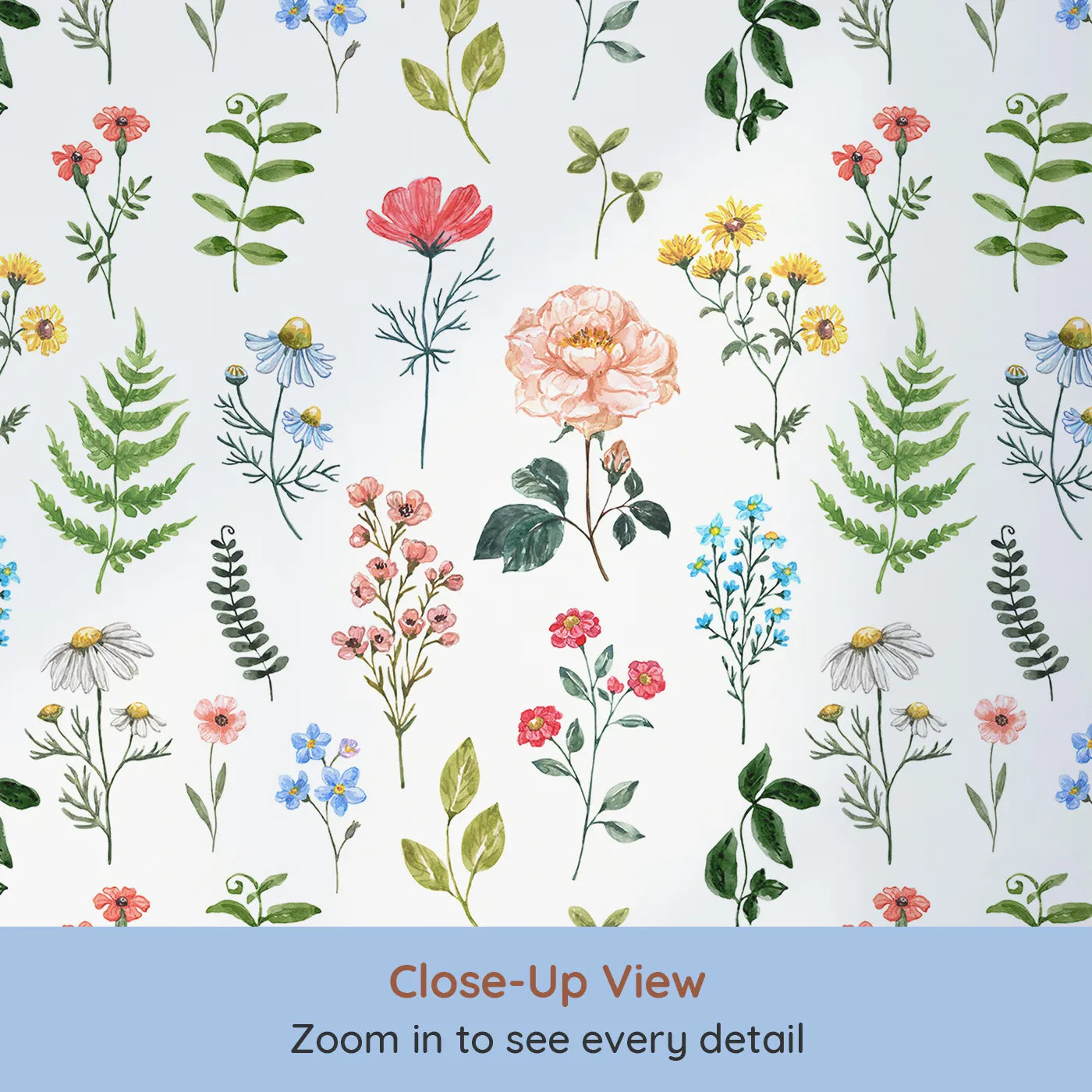 Close-up view of Whimsy Tots' Watercolor Botanical Specimens Wallpaper (W2197).Where a variety of hand-painted wildflowers are waiting to be studied.