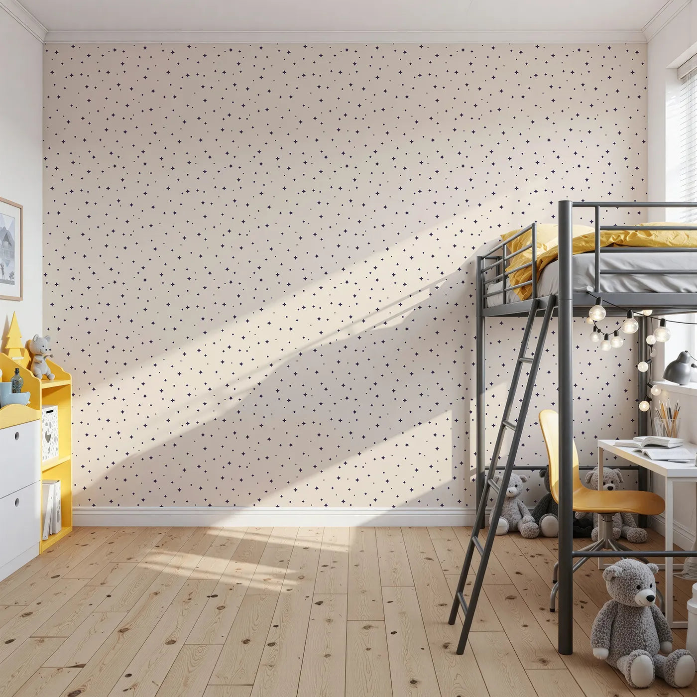 Front view of Whimsy Tots' Minimalist Starry Night Wallpaper