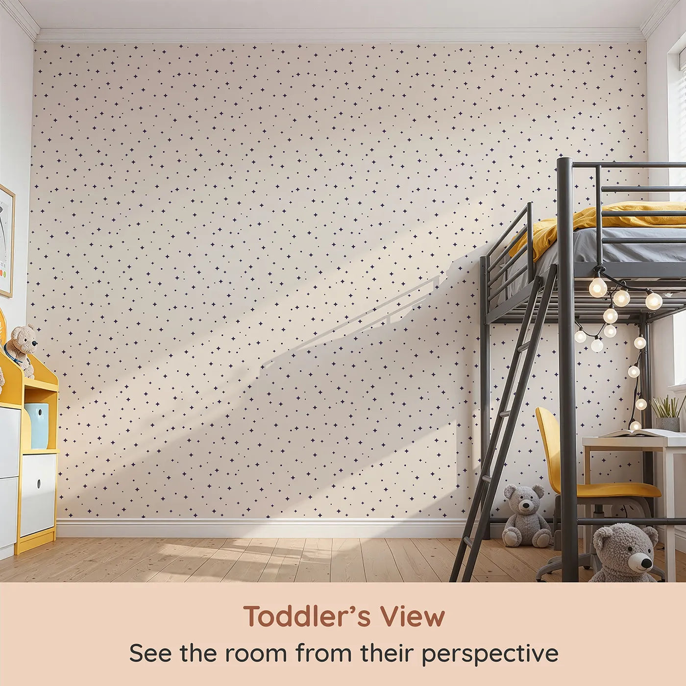 Whimsy Tots Minimalist Starry Night Wallpaper (W2198) from your child's view.Where a simple, graphic sky is filled with twinkling stars.
