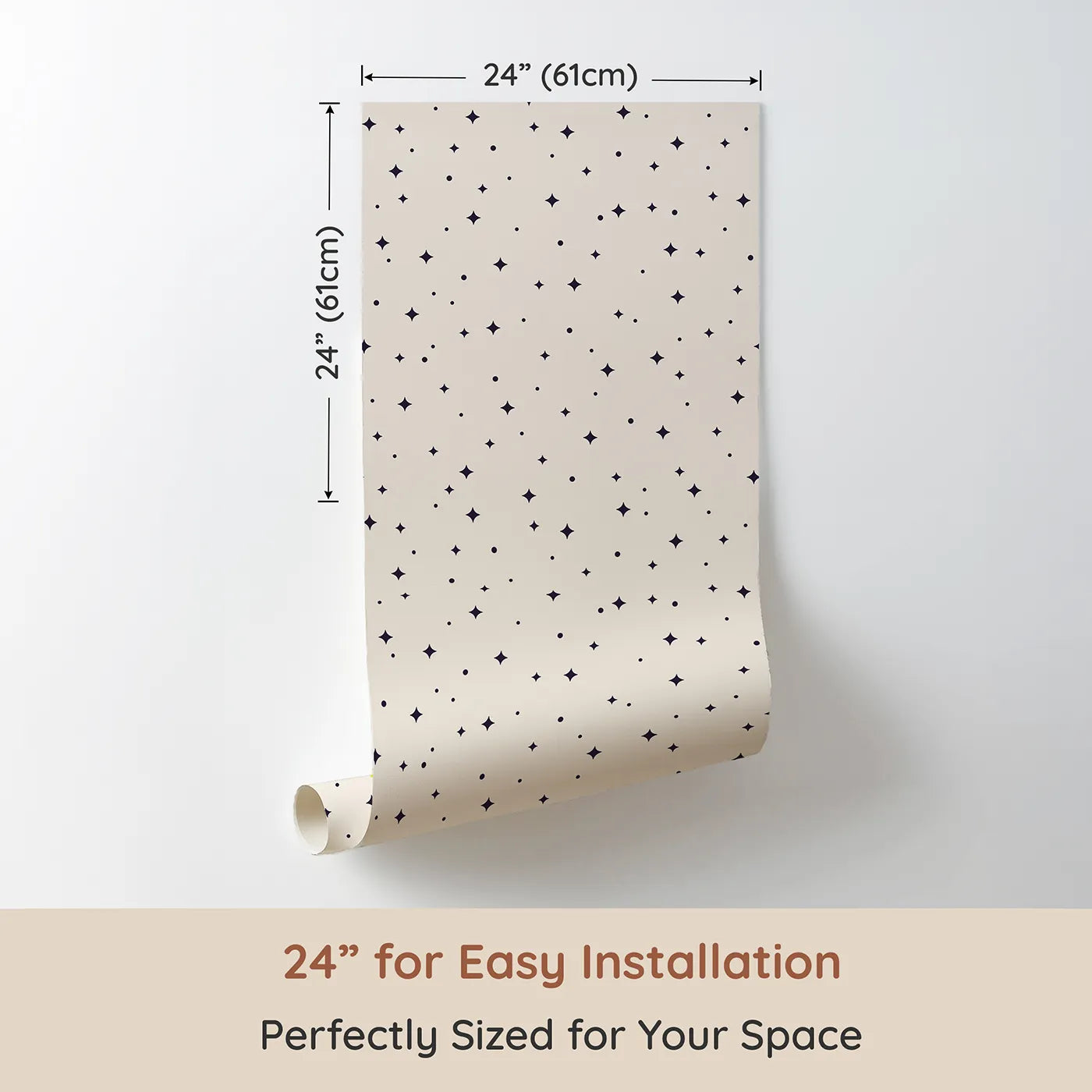 Dimension view of Whimsy Tots Minimalist Starry Night Wallpaper (W2198). Printed in 24-inch-wide panel for easy installation. Where a simple, graphic sky is filled with twinkling stars.