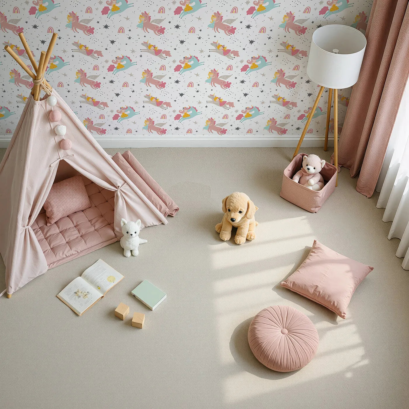 Top-Down view of Whimsy Tots' Unicorn Princess Riders Wallpaper (W2199).Where sweet princesses and their unicorn friends soar through the stars.