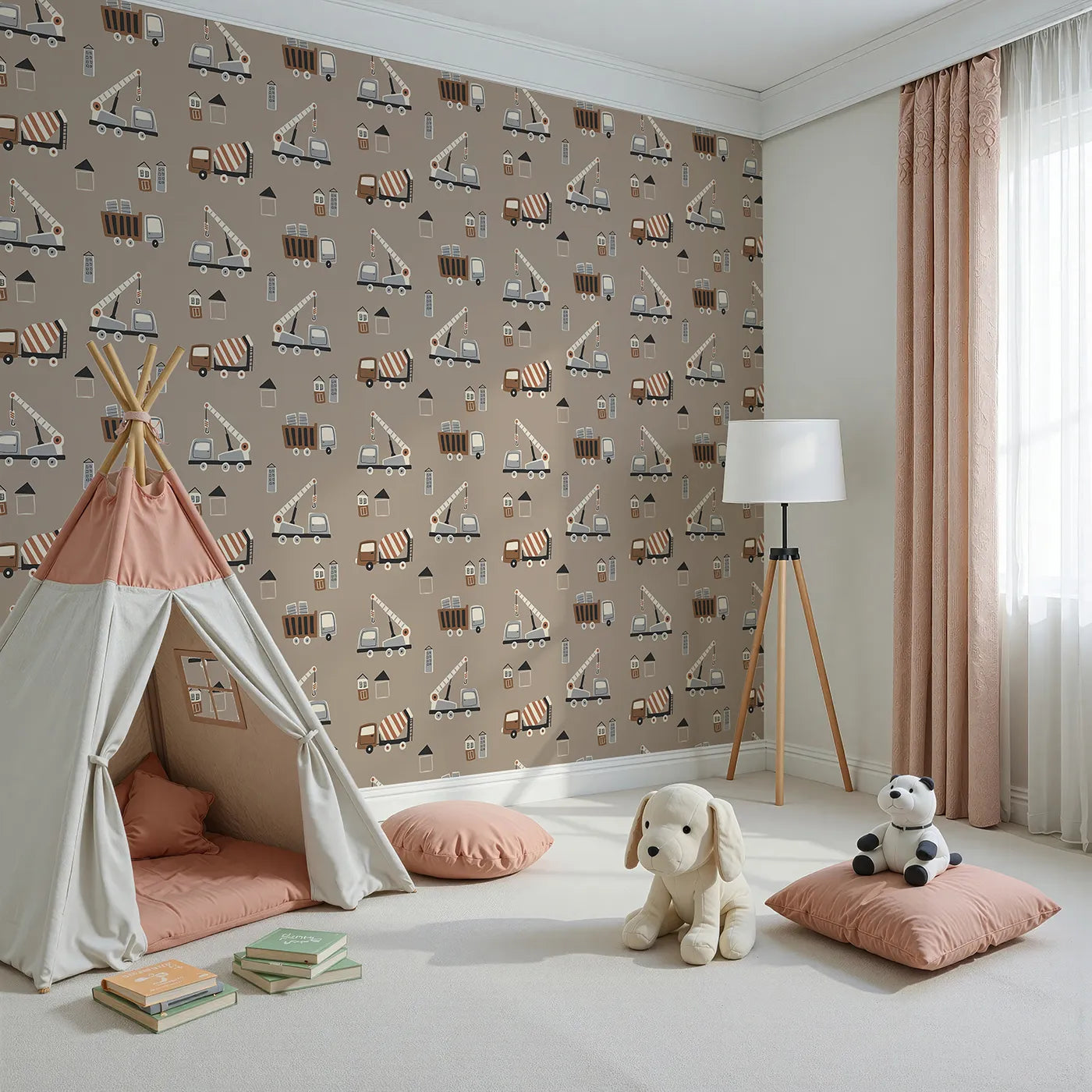 Angled view of Whimsy Tots' Neutral Construction Crew Wallpaper (W2200).Where a cool crew of trucks is ready to get to work.