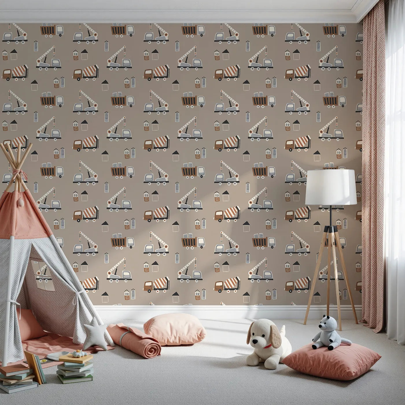 Front view of Whimsy Tots' Neutral Construction Crew Wallpaper