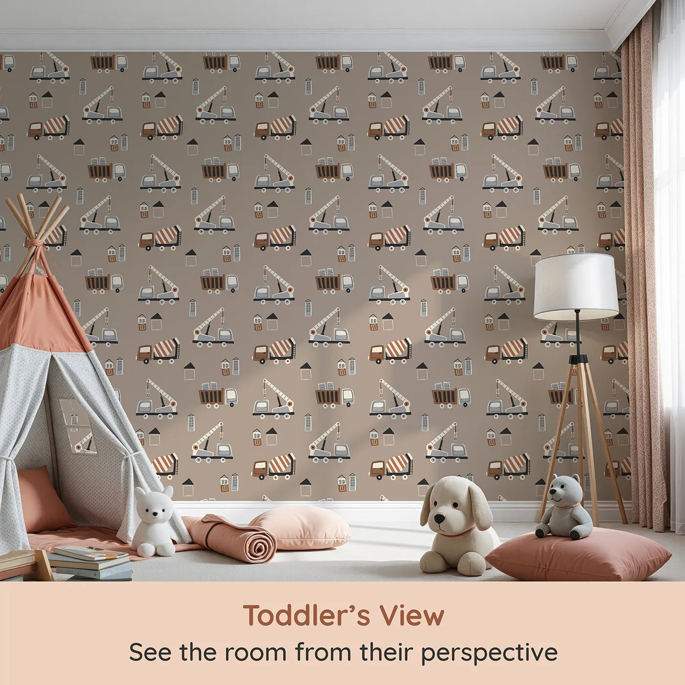 Whimsy Tots Neutral Construction Crew Wallpaper (W2200) from your child's view.Where a cool crew of trucks is ready to get to work.