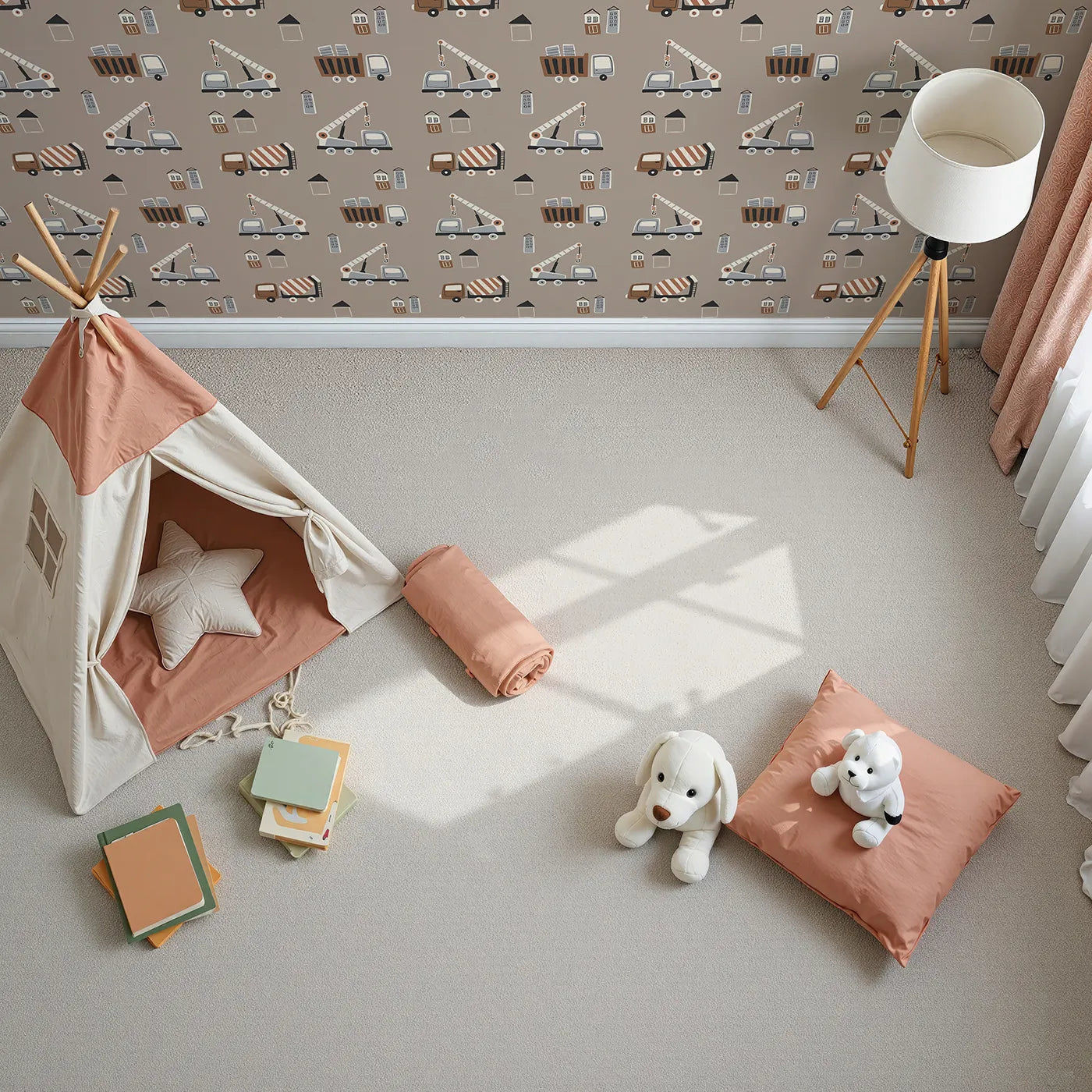 Top-Down view of Whimsy Tots' Neutral Construction Crew Wallpaper (W2200).Where a cool crew of trucks is ready to get to work.