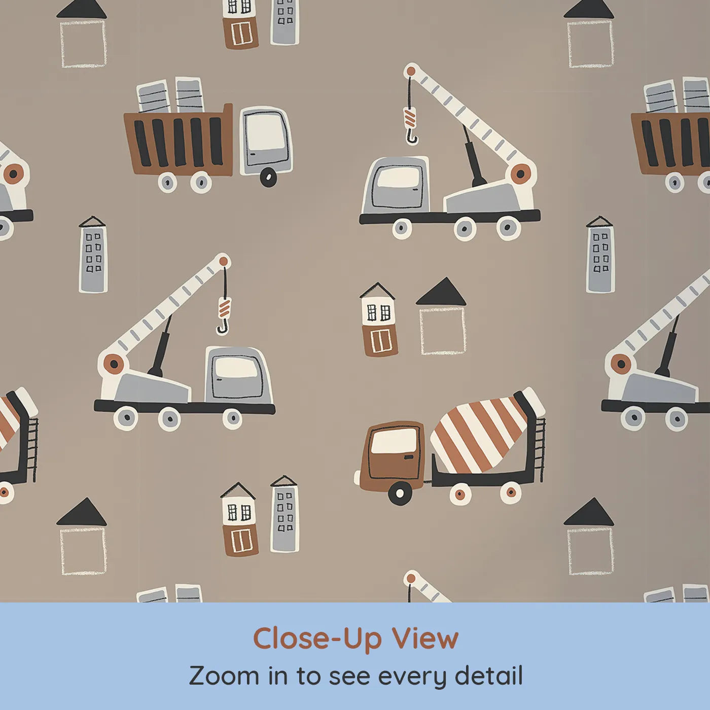 Close-up view of Whimsy Tots' Neutral Construction Crew Wallpaper (W2200).Where a cool crew of trucks is ready to get to work.