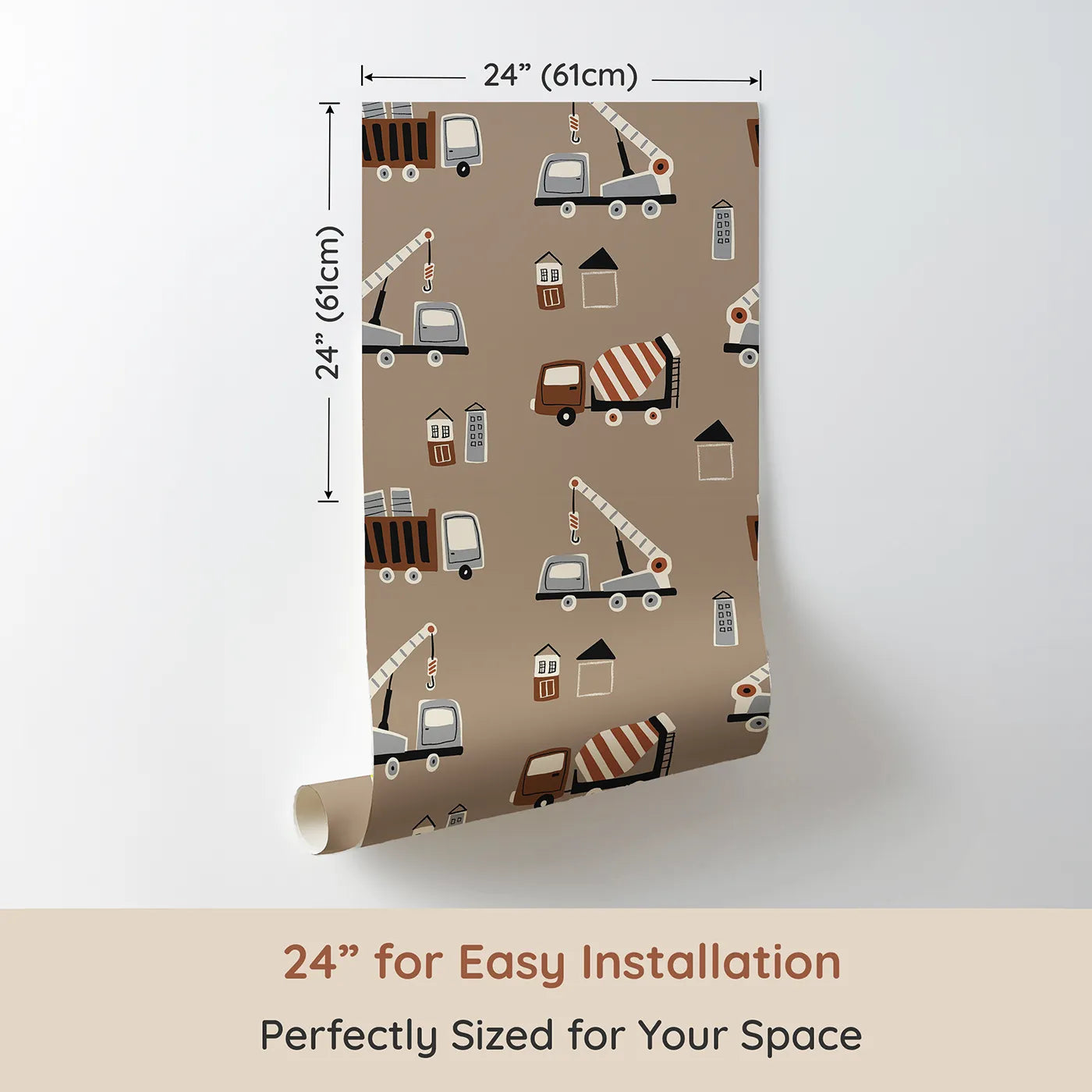 Dimension view of Whimsy Tots Neutral Construction Crew Wallpaper (W2200). Printed in 24-inch-wide panel for easy installation. Where a cool crew of trucks is ready to get to work.