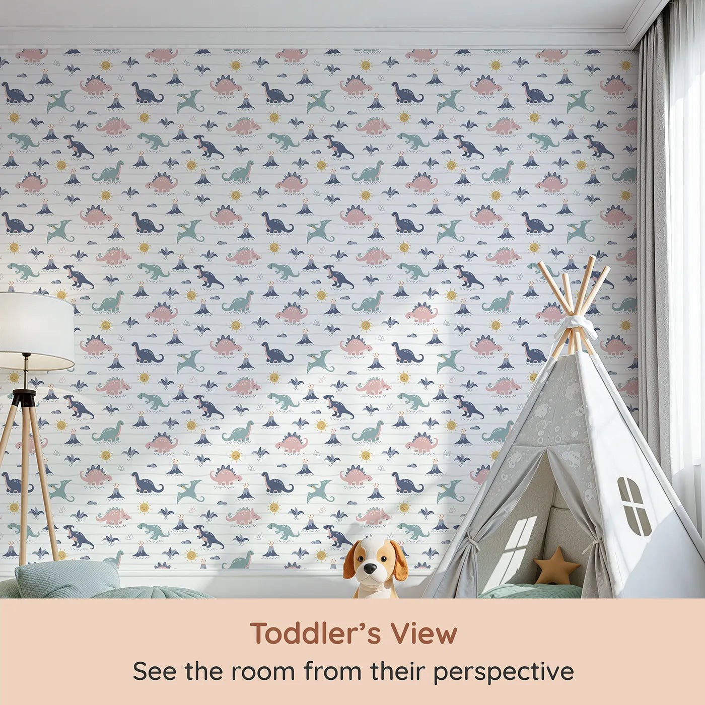 Whimsy Tots Pastel Dino Parade Wallpaper (W2201) from your child's view.Where the sweetest dinosaurs roam under a happy sun.