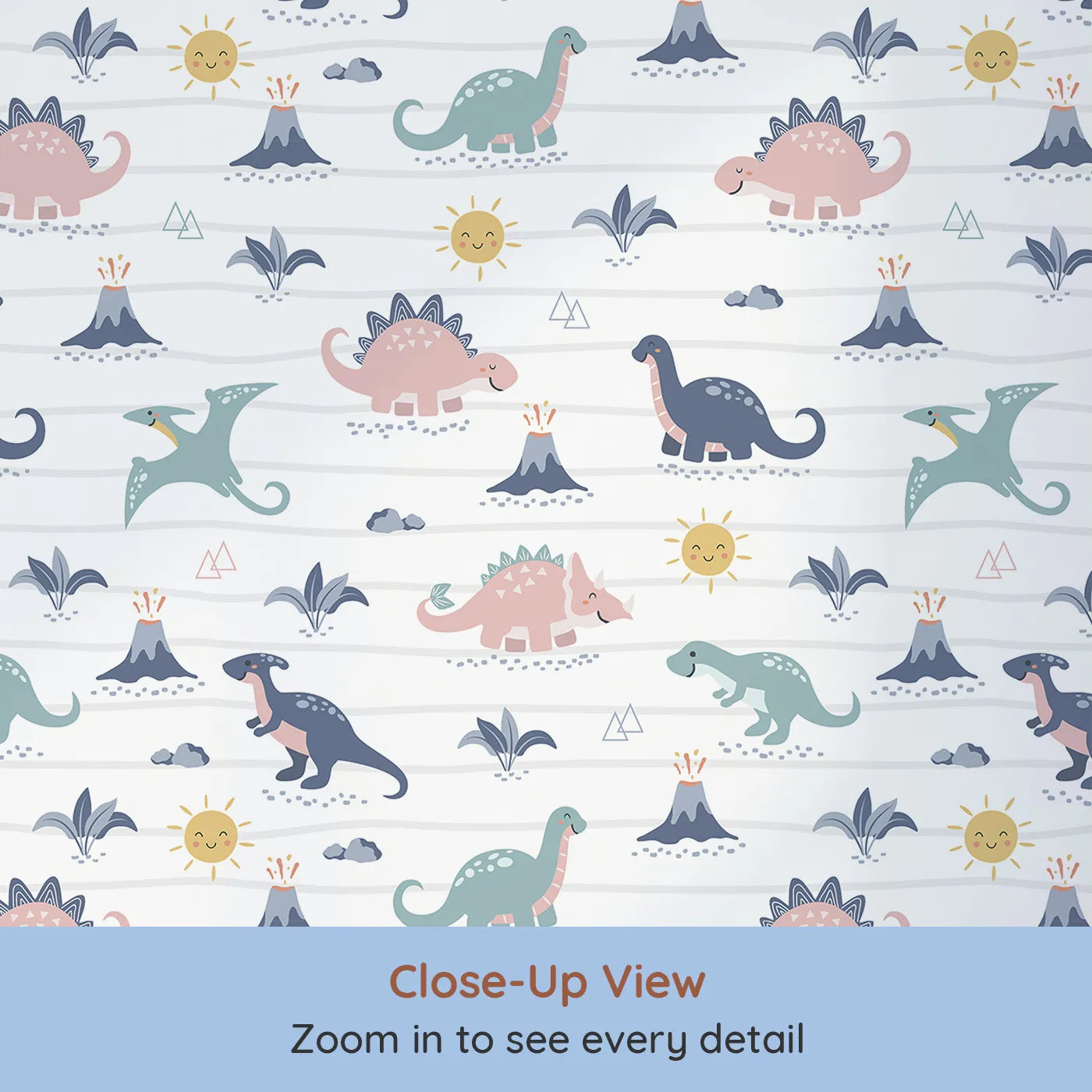 Close-up view of Whimsy Tots' Pastel Dino Parade Wallpaper (W2201).Where the sweetest dinosaurs roam under a happy sun.