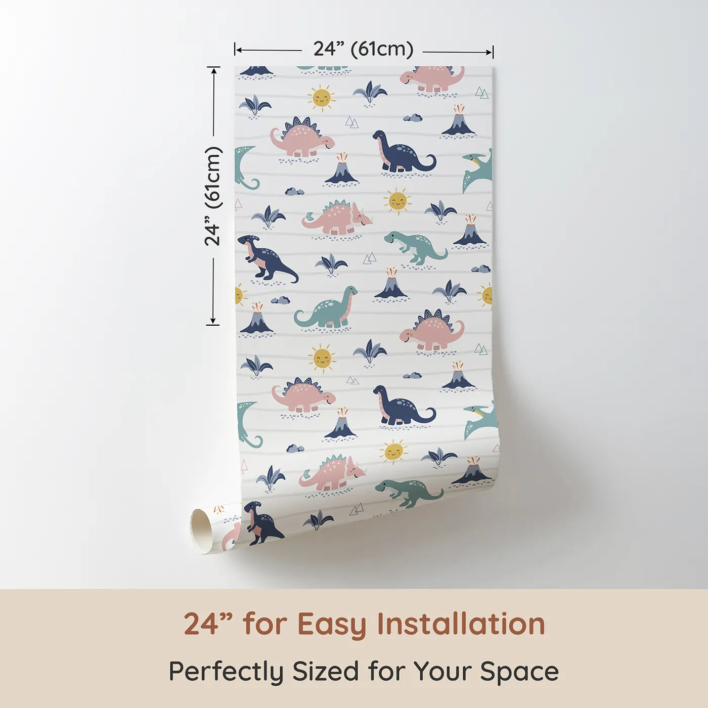 Dimension view of Whimsy Tots Pastel Dino Parade Wallpaper (W2201). Printed in 24-inch-wide panel for easy installation. Where the sweetest dinosaurs roam under a happy sun.