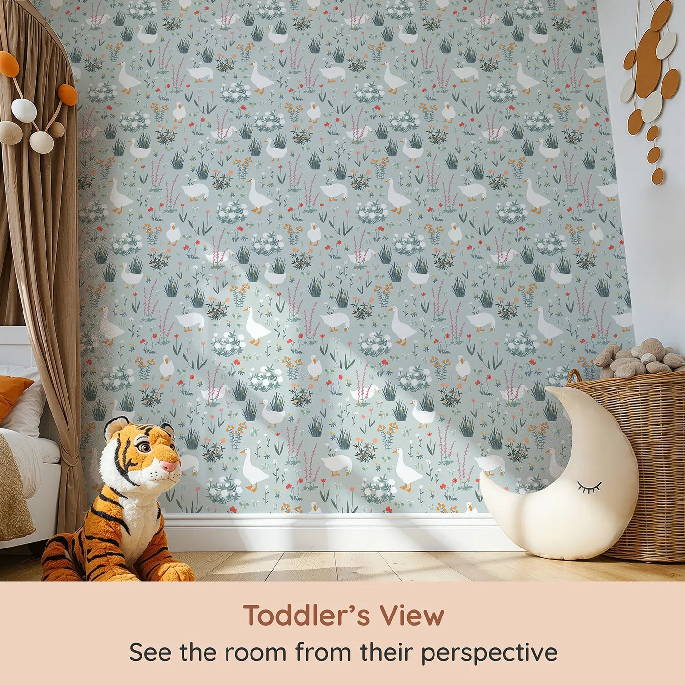Whimsy Tots Country Geese Garden Wallpaper (W2202) from your child's view.Where gentle geese wander among the wildflowers.
