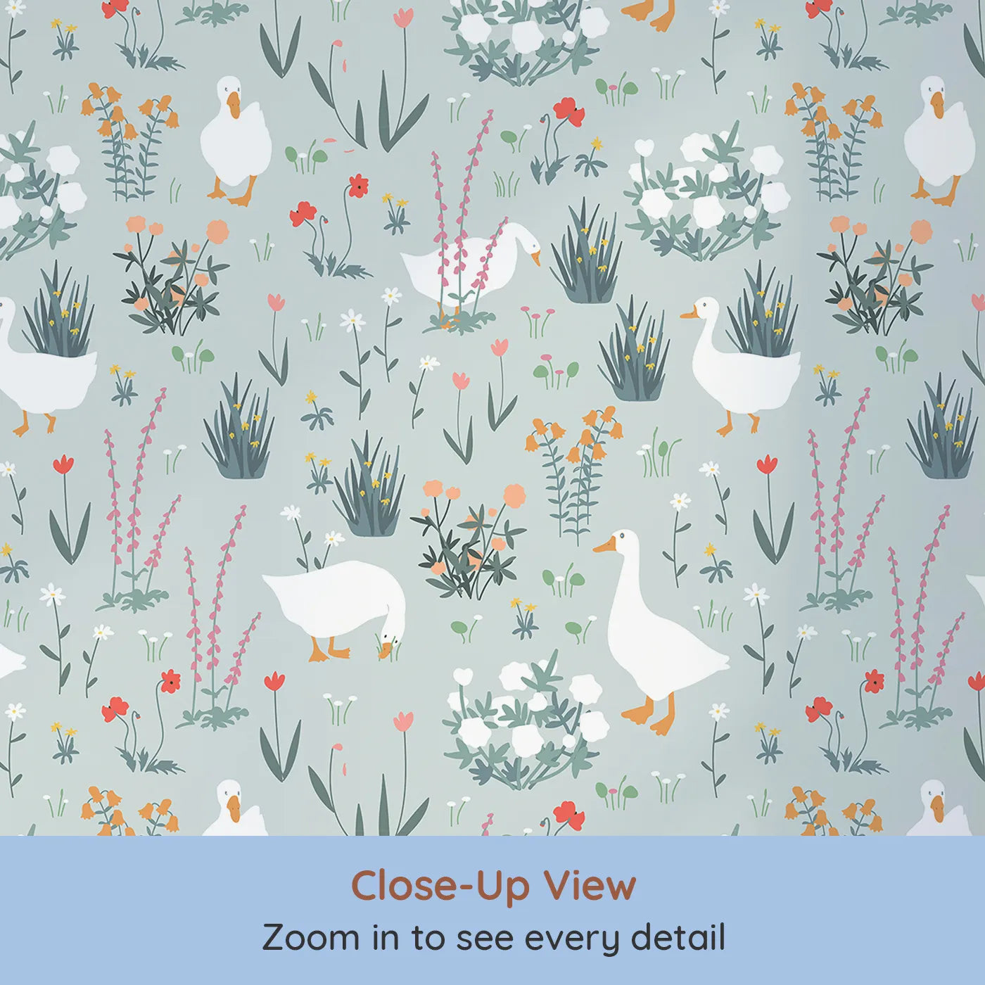 Close-up view of Whimsy Tots' Country Geese Garden Wallpaper (W2202).Where gentle geese wander among the wildflowers.