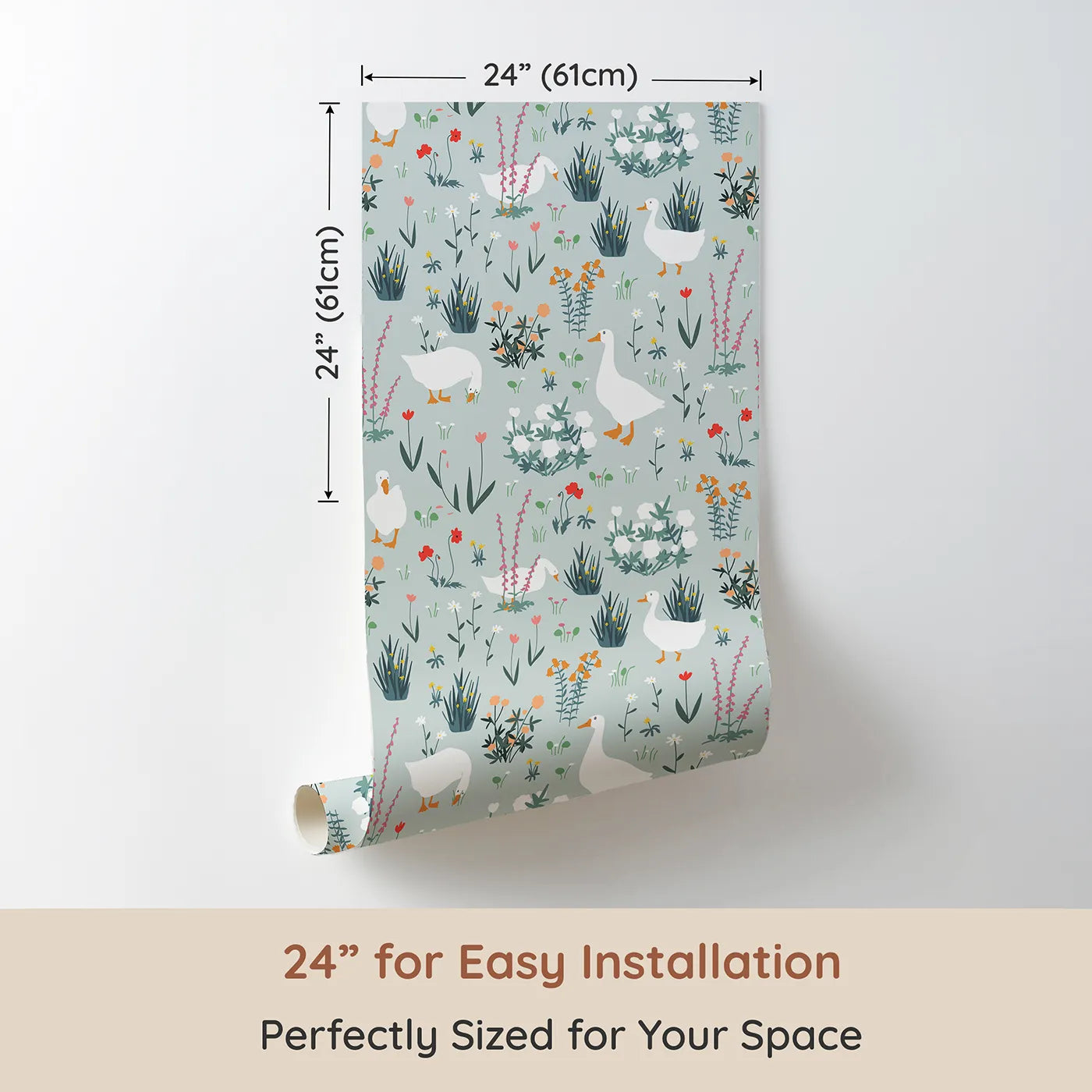 Dimension view of Whimsy Tots Country Geese Garden Wallpaper (W2202). Printed in 24-inch-wide panel for easy installation. Where gentle geese wander among the wildflowers.