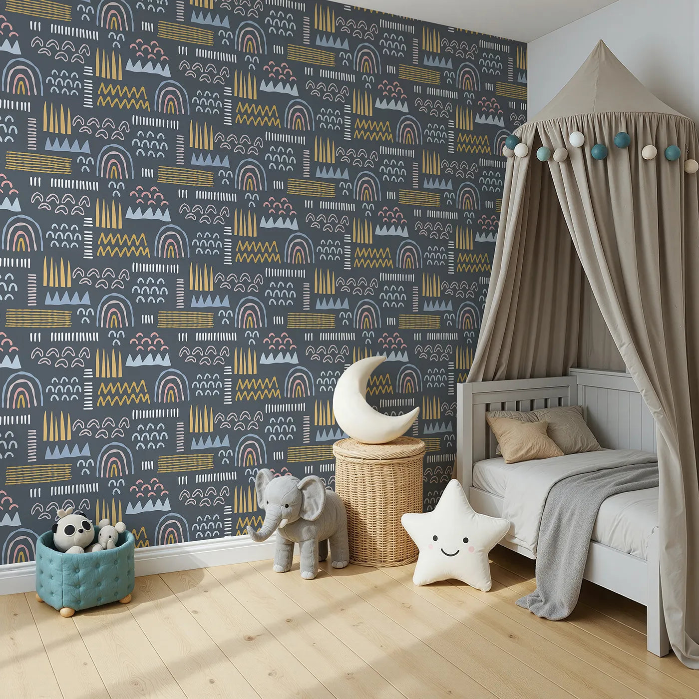 Angled view of Whimsy Tots' Abstract Rainbow Shapes Wallpaper in Blue (W2203).Where bold shapes and creative energy fill the space.