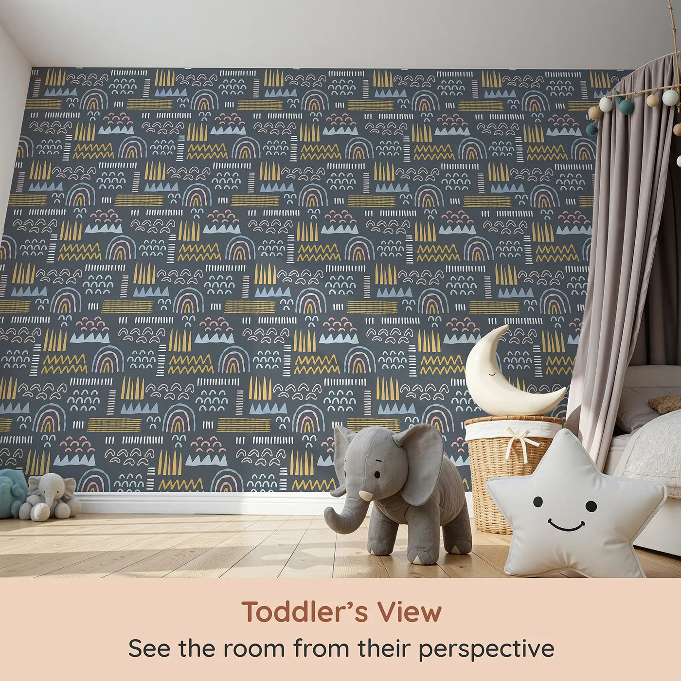 Whimsy Tots Abstract Rainbow Shapes Wallpaper in Blue (W2203) from your child's view.Where bold shapes and creative energy fill the space.