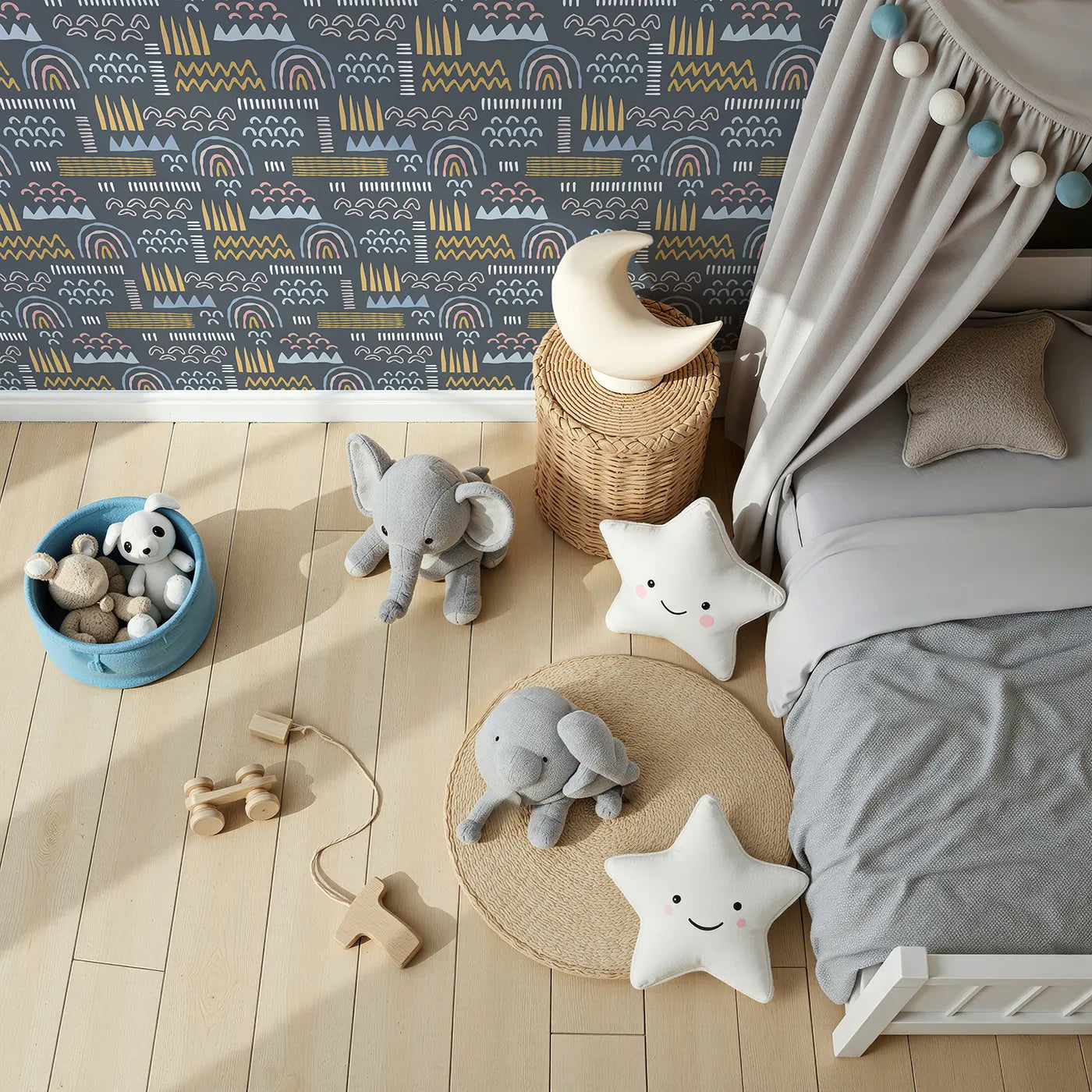 Top-Down view of Whimsy Tots' Abstract Rainbow Shapes Wallpaper in Blue (W2203).Where bold shapes and creative energy fill the space.