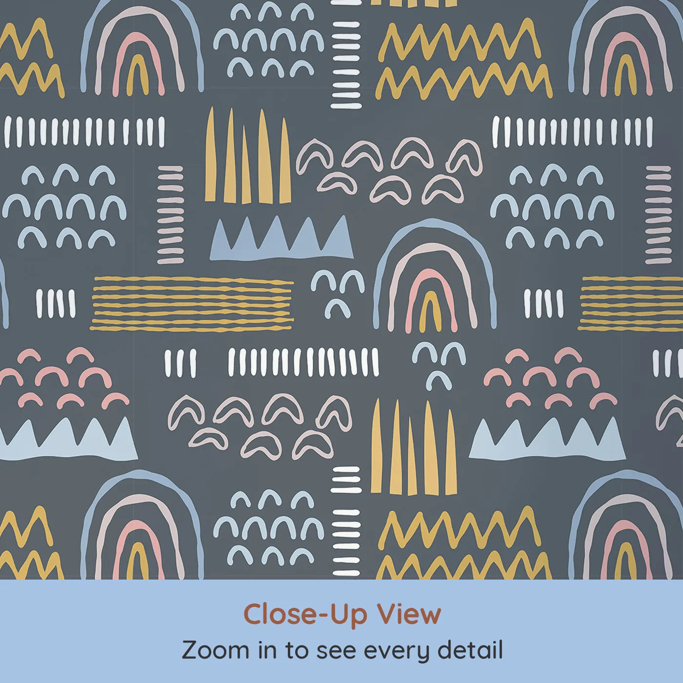 Close-up view of Whimsy Tots' Abstract Rainbow Shapes Wallpaper in Blue (W2203).Where bold shapes and creative energy fill the space.