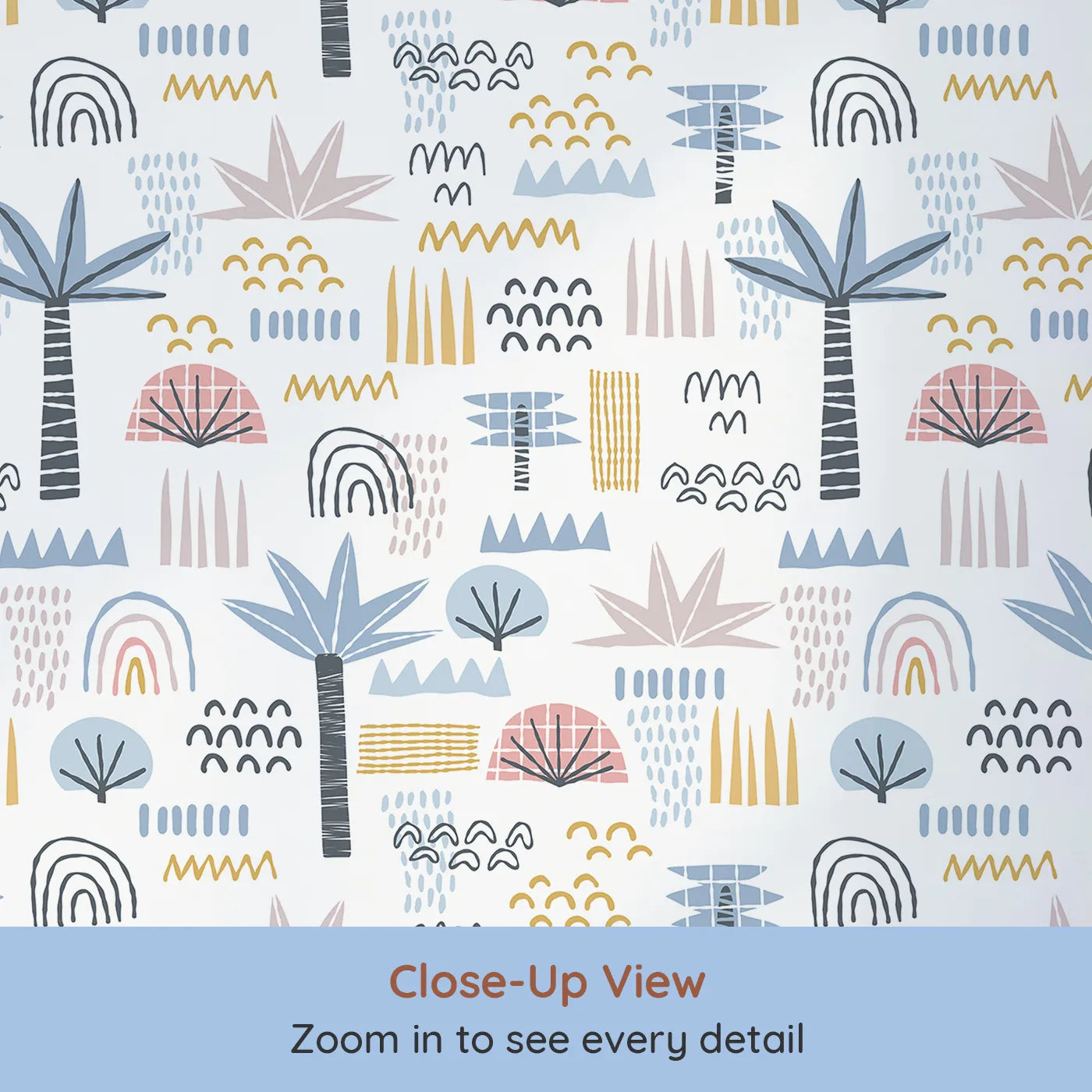 Close-up view of Whimsy Tots' Abstract Tropical Shapes Wallpaper (W2204).Where abstract palms and rainbows create a cool, creative vibe.