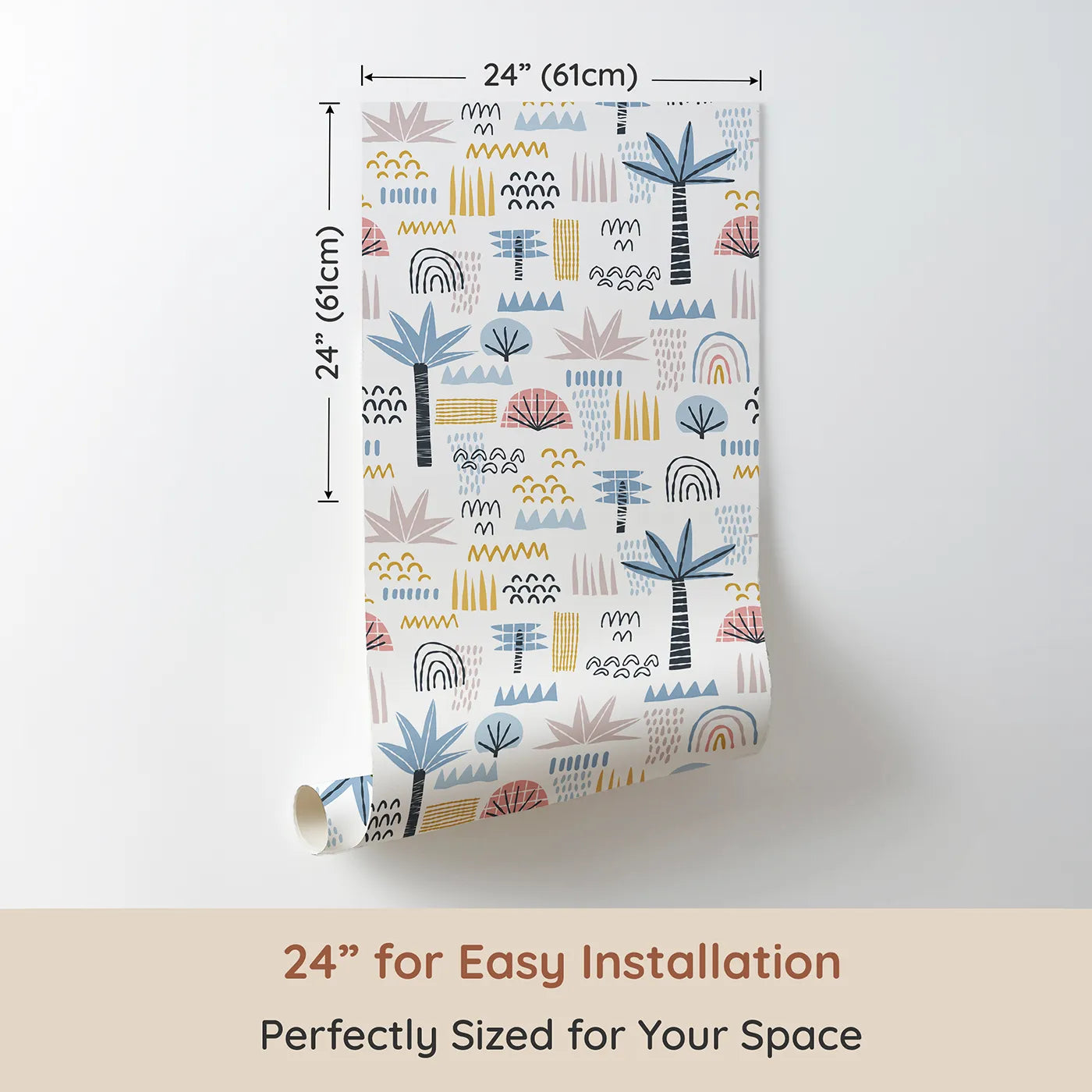 Dimension view of Whimsy Tots Abstract Tropical Shapes Wallpaper (W2204). Printed in 24-inch-wide panel for easy installation. Where abstract palms and rainbows create a cool, creative vibe.