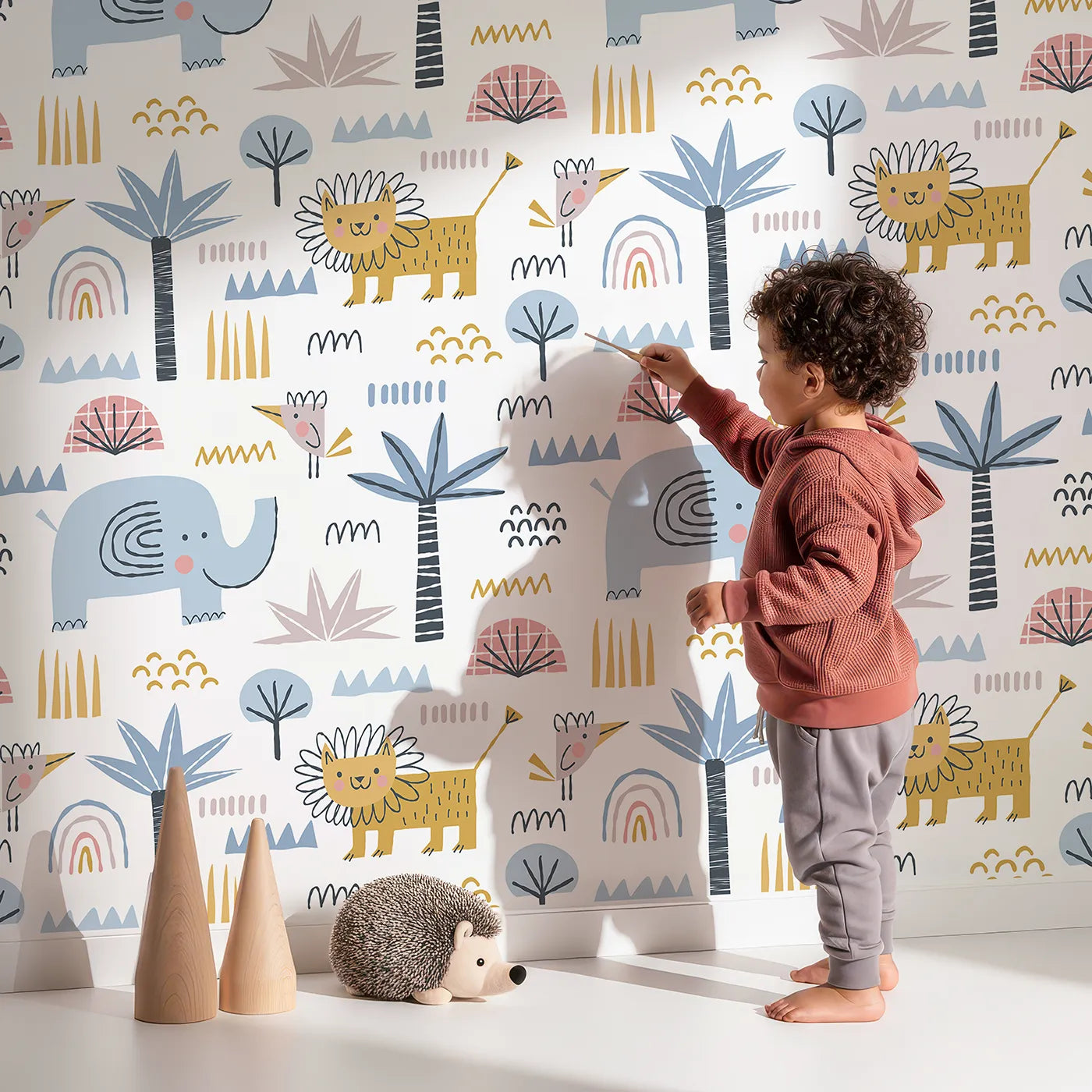 Lovely child standing in front of Whimsy Tots Safari Abstract Friends Wallpaper with safari, abstract, elephant, lion, modern in design.