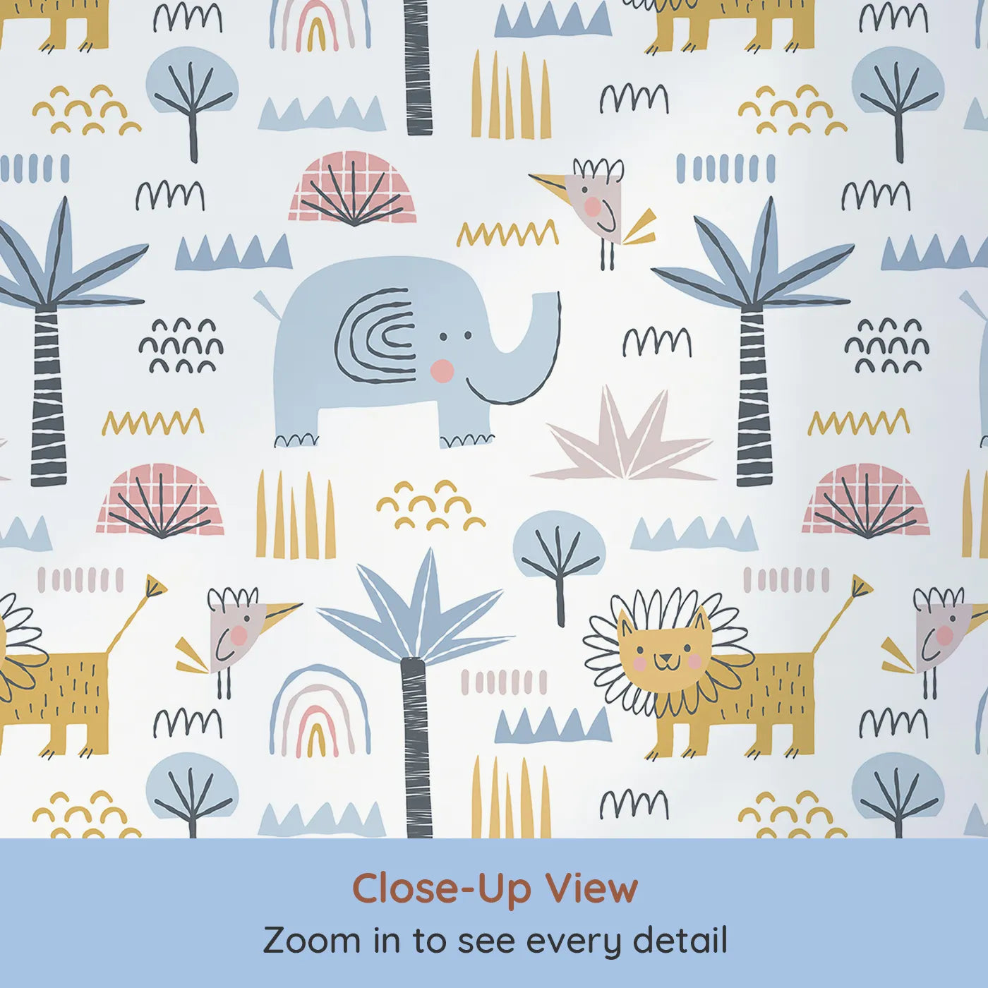 Close-up view of Whimsy Tots' Safari Abstract Friends Wallpaper (W2205).Where cool, graphic animals play among abstract shapes.