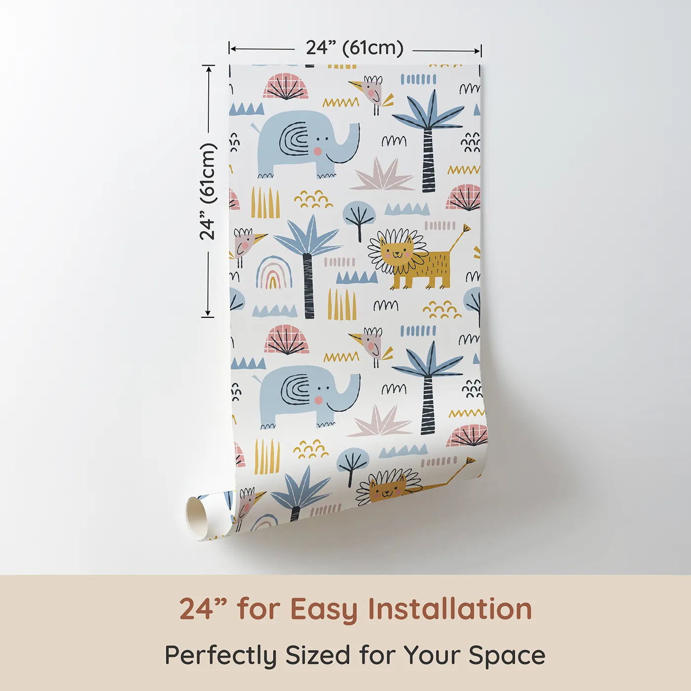 Dimension view of Whimsy Tots Safari Abstract Friends Wallpaper (W2205). Printed in 24-inch-wide panel for easy installation. Where cool, graphic animals play among abstract shapes.