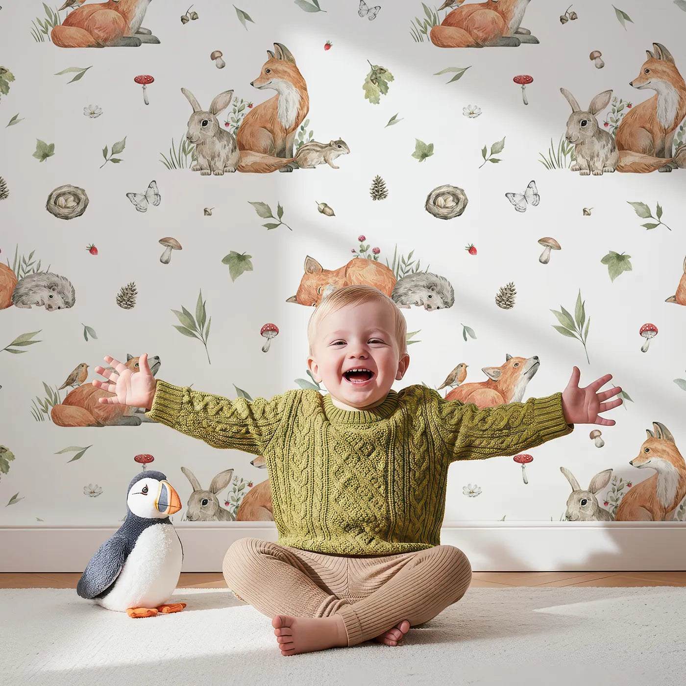 Lovely child standing in front of Whimsy Tots Realistic Woodland Friends Wallpaper with woodland, fox, rabbit, realistic, watercolor in design.