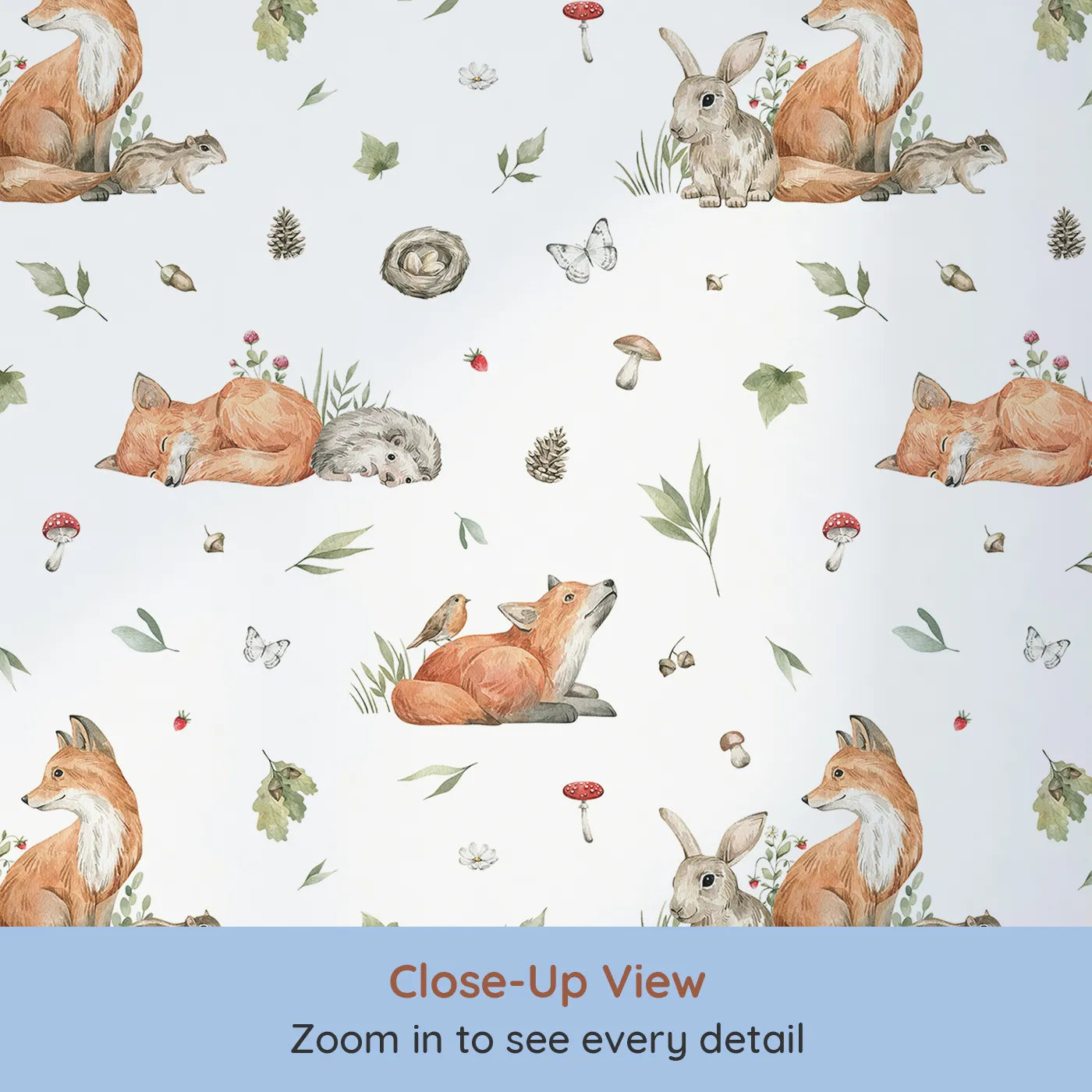 Close-up view of Whimsy Tots' Realistic Woodland Friends Wallpaper (W2207).Where gentle woodland creatures are captured in stunning detail.