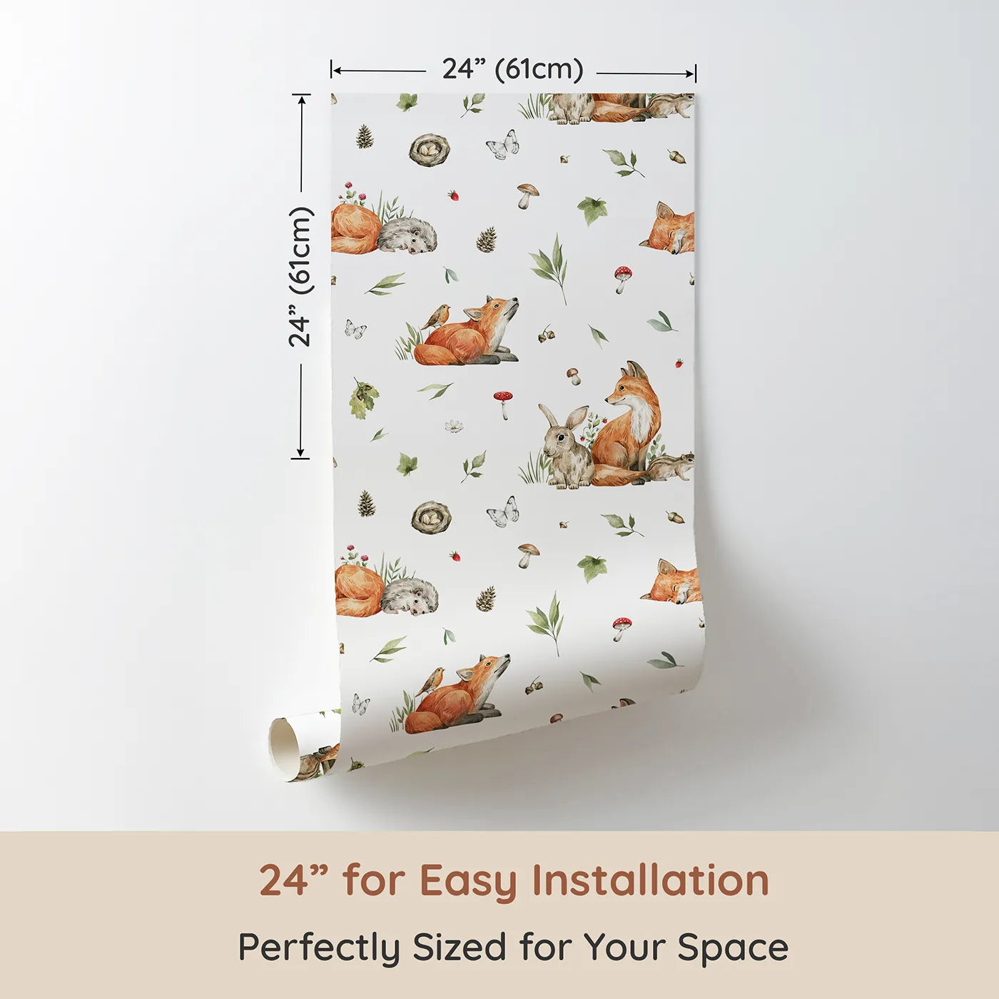 Dimension view of Whimsy Tots Realistic Woodland Friends Wallpaper (W2207). Printed in 24-inch-wide panel for easy installation. Where gentle woodland creatures are captured in stunning detail.