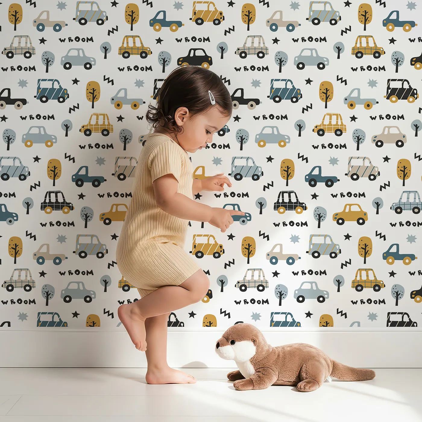 Lovely child standing in front of Whimsy Tots Wroom Car and Truck Parade Wallpaper with car, truck, wroom, modern, scandinavian in design.