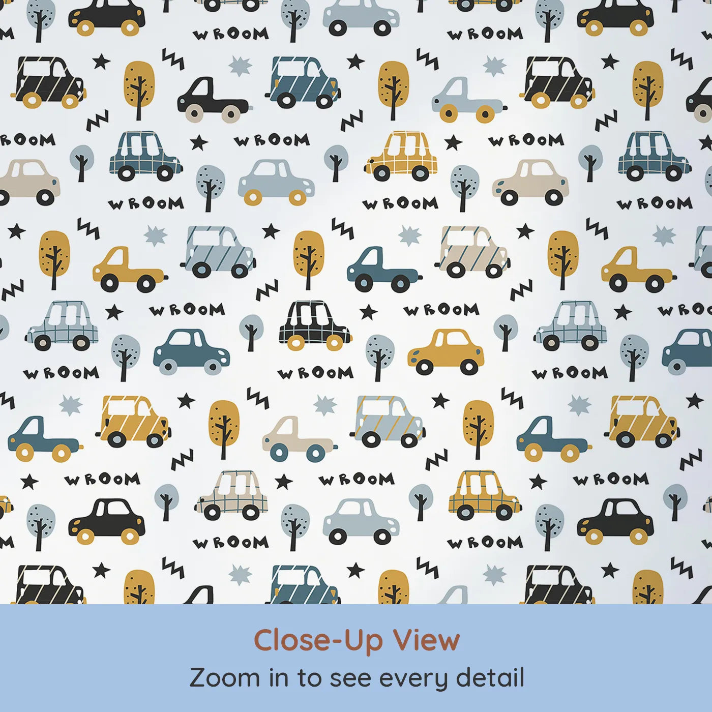 Close-up view of Whimsy Tots' Wroom Car and Truck Parade Wallpaper (W2208).Where a whole parade of quirky cars is ready to "Wroom!".