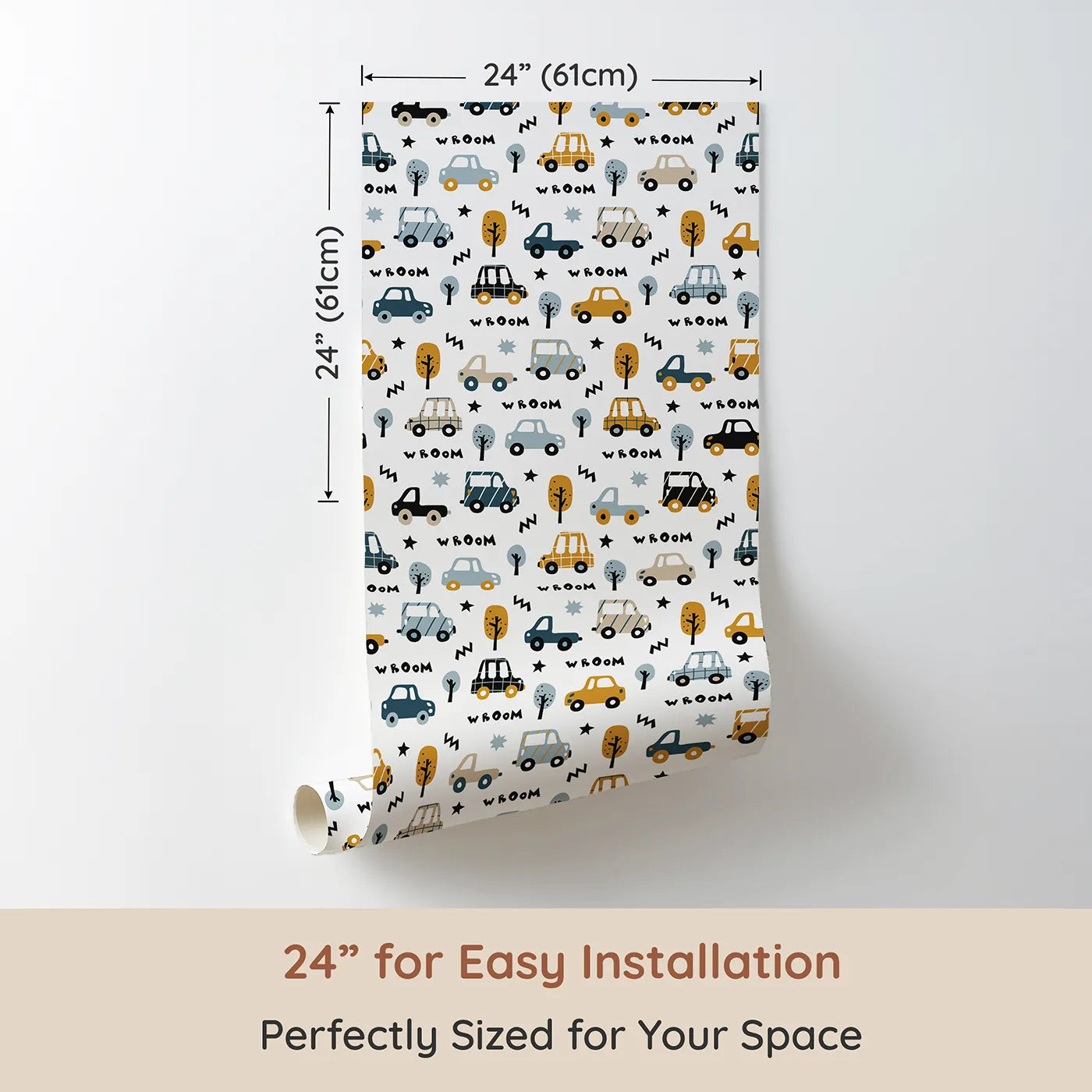 Dimension view of Whimsy Tots Wroom Car and Truck Parade Wallpaper (W2208). Printed in 24-inch-wide panel for easy installation. Where a whole parade of quirky cars is ready to "Wroom!".