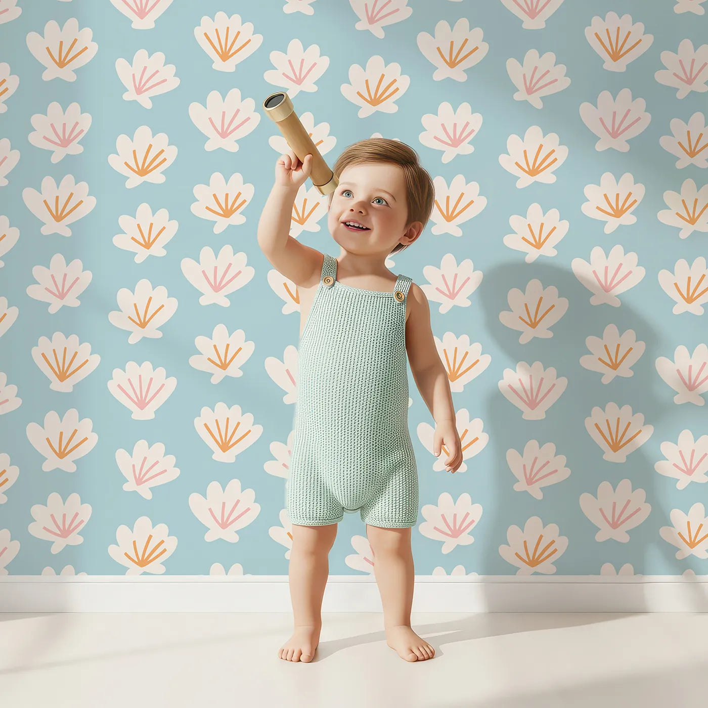 Lovely child standing in front of Whimsy Tots Abstract Seashell Bloom Wallpaper with shell, seashell, abstract, modern, ocean in design.