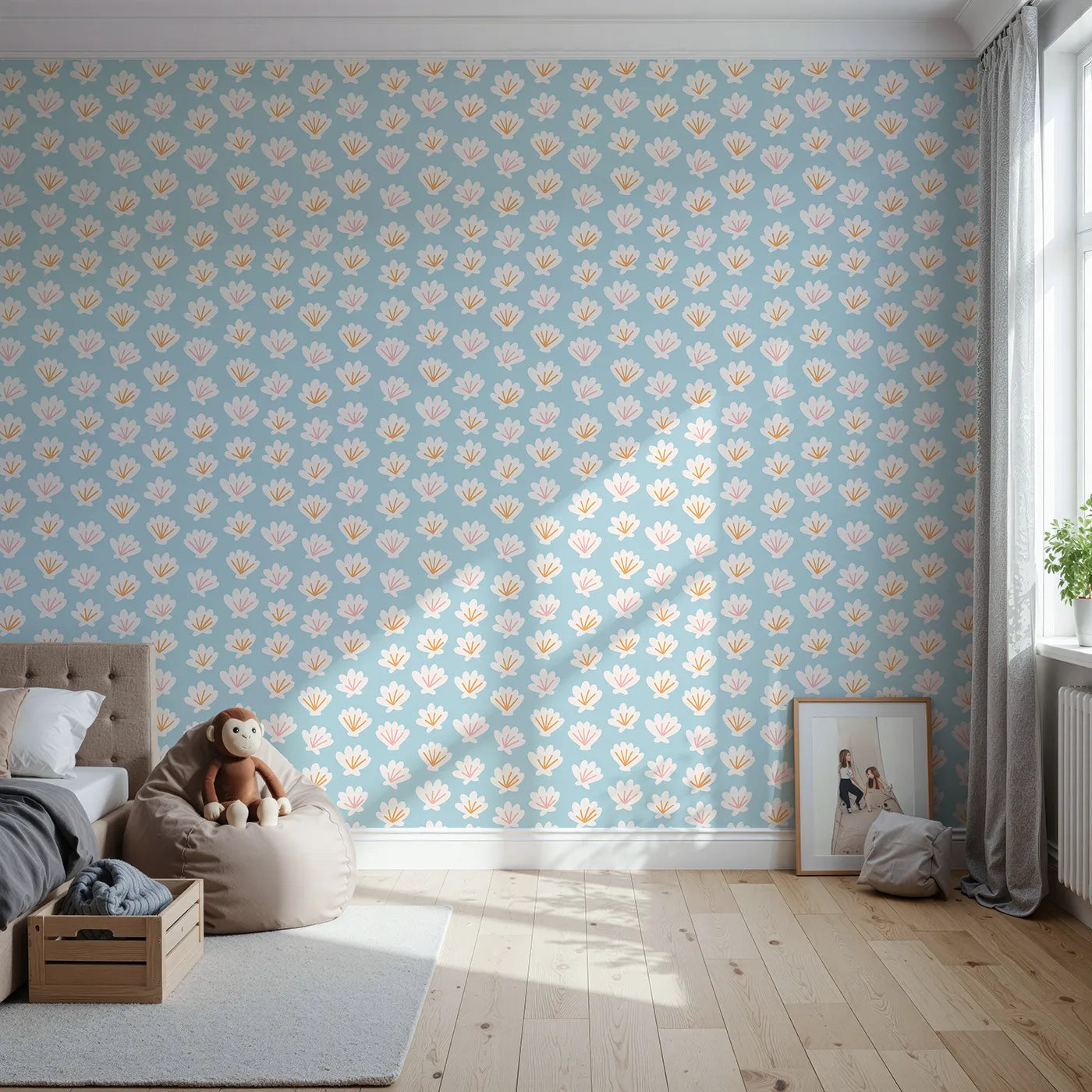 Front view of Whimsy Tots' Abstract Seashell Bloom Wallpaper