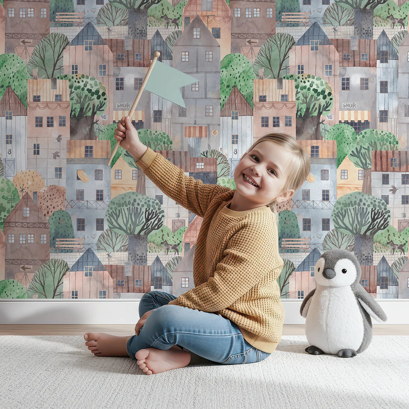 Lovely child standing in front of Whimsy Tots Cozy Watercolor Townhouse Wallpaper with city, house, village, watercolor, architecture in design.