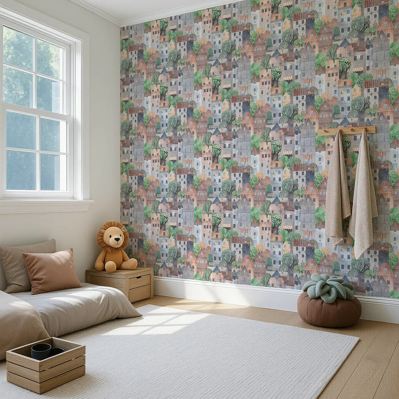 Angled view of Whimsy Tots' Cozy Watercolor Townhouse Wallpaper (W2210).Where every window and rooftop has a story to tell.