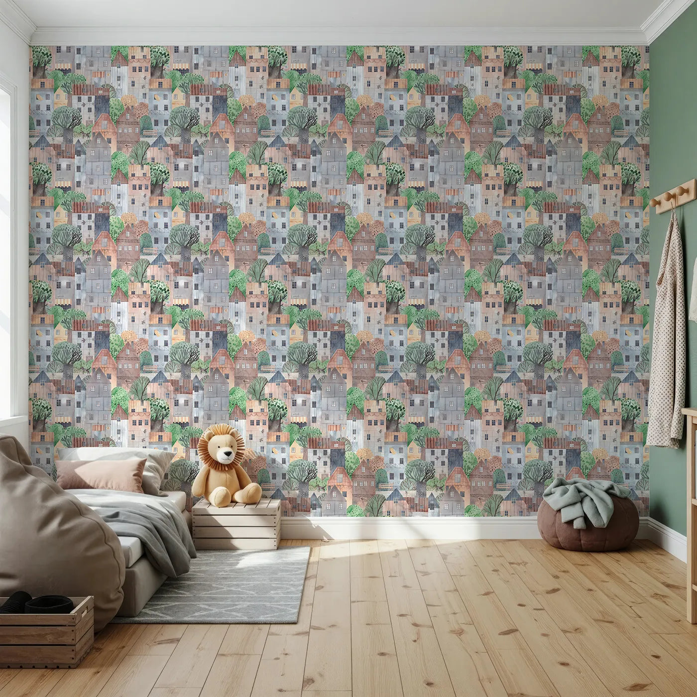 Front view of Whimsy Tots' Cozy Watercolor Townhouse Wallpaper