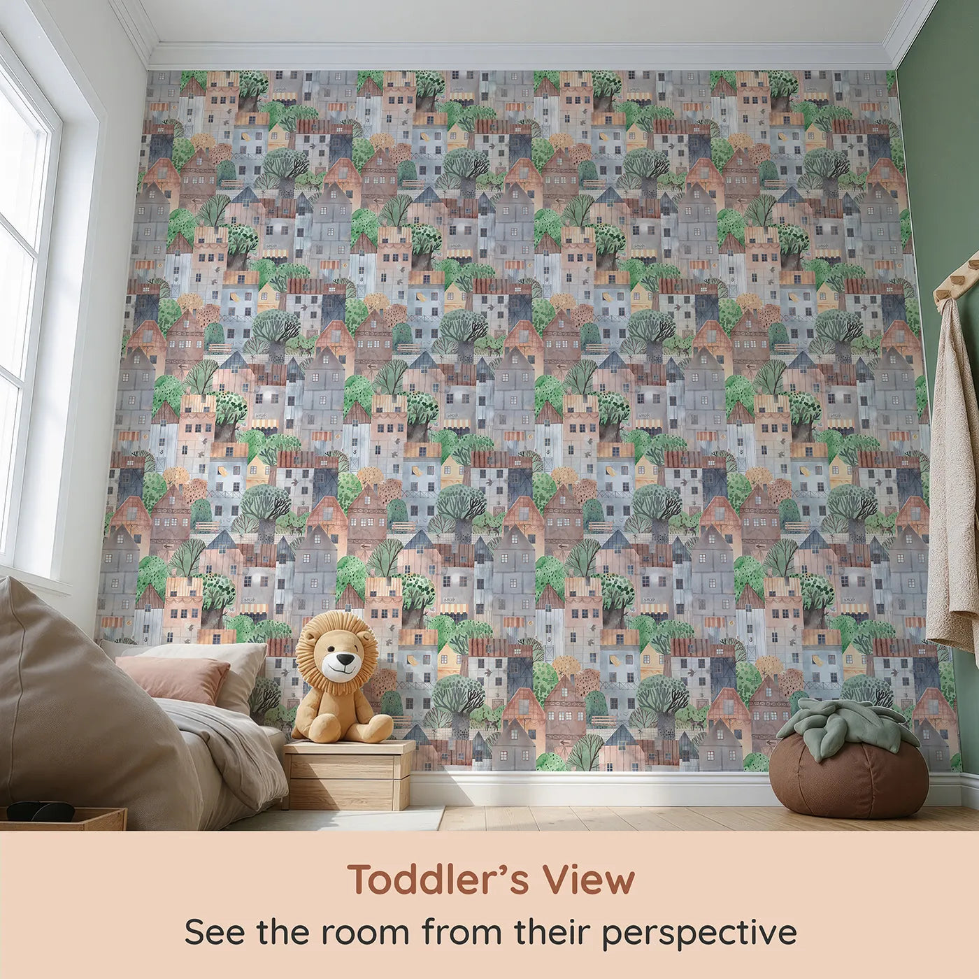 Whimsy Tots Cozy Watercolor Townhouse Wallpaper (W2210) from your child's view.Where every window and rooftop has a story to tell.