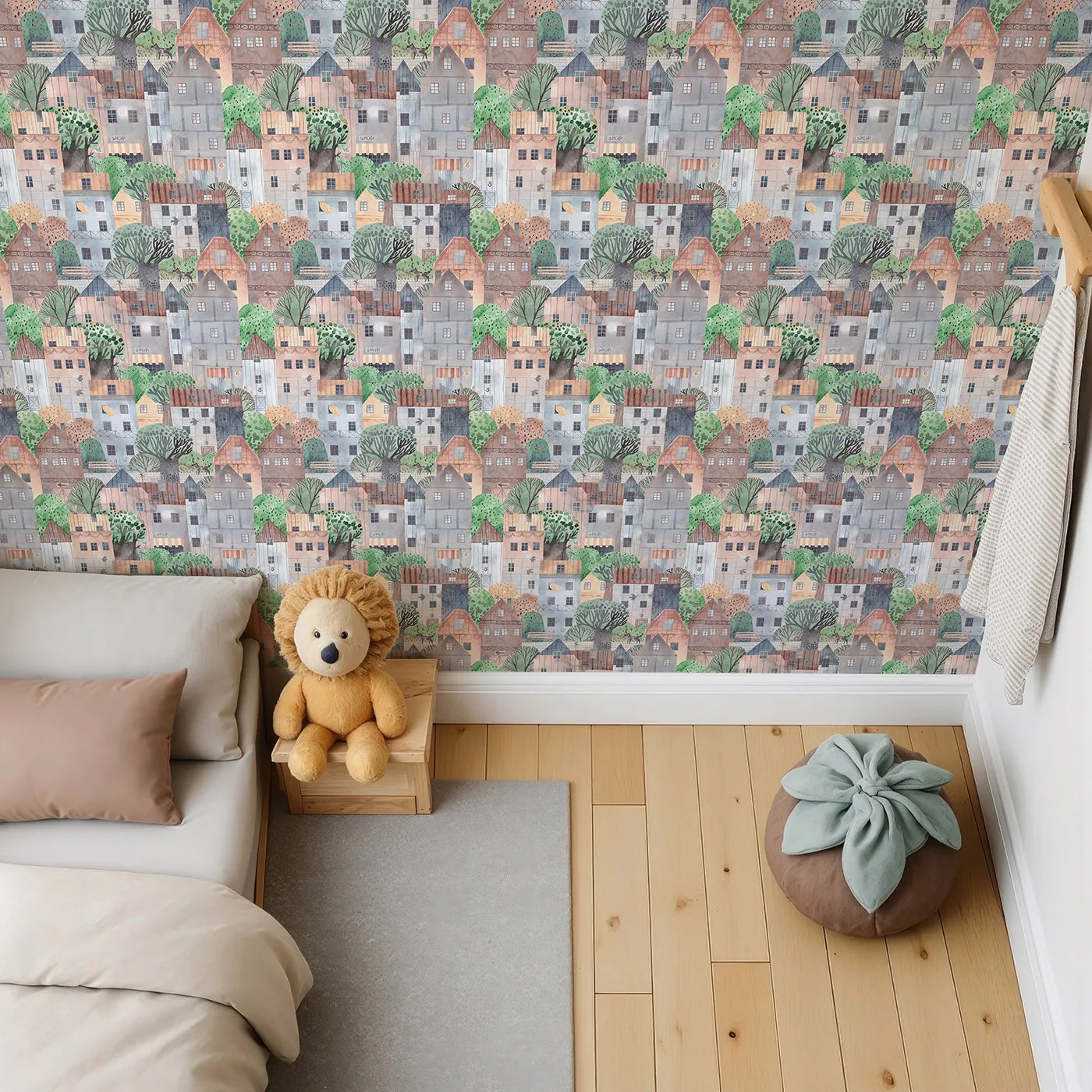 Top-Down view of Whimsy Tots' Cozy Watercolor Townhouse Wallpaper (W2210).Where every window and rooftop has a story to tell.