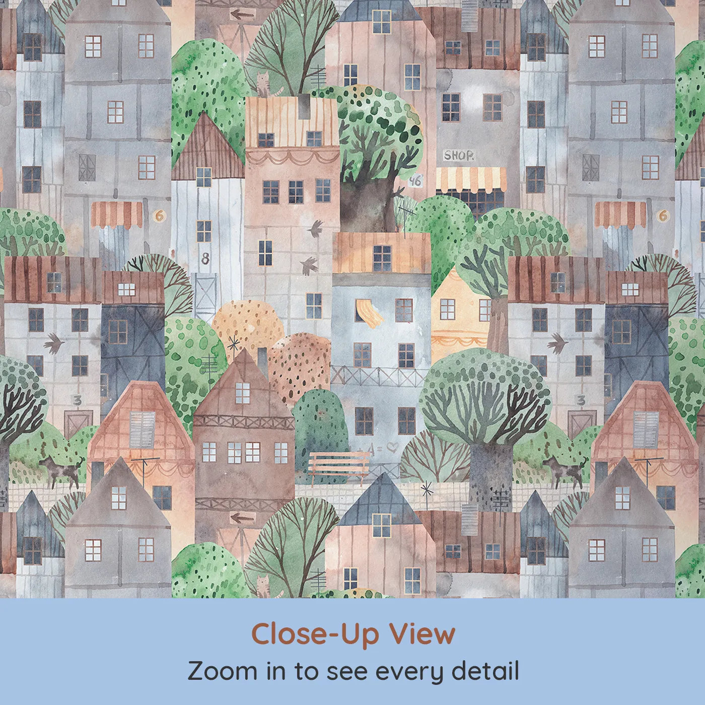 Close-up view of Whimsy Tots' Cozy Watercolor Townhouse Wallpaper (W2210).Where every window and rooftop has a story to tell.