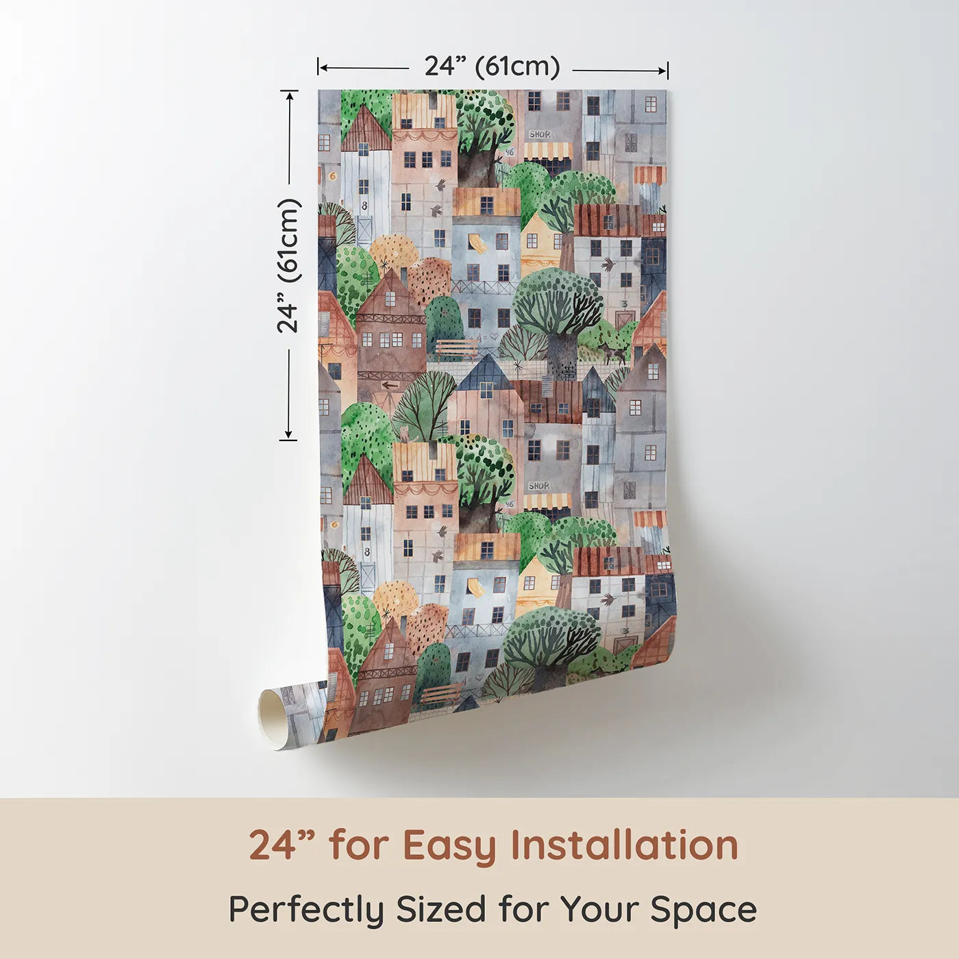 Dimension view of Whimsy Tots Cozy Watercolor Townhouse Wallpaper (W2210). Printed in 24-inch-wide panel for easy installation. Where every window and rooftop has a story to tell.