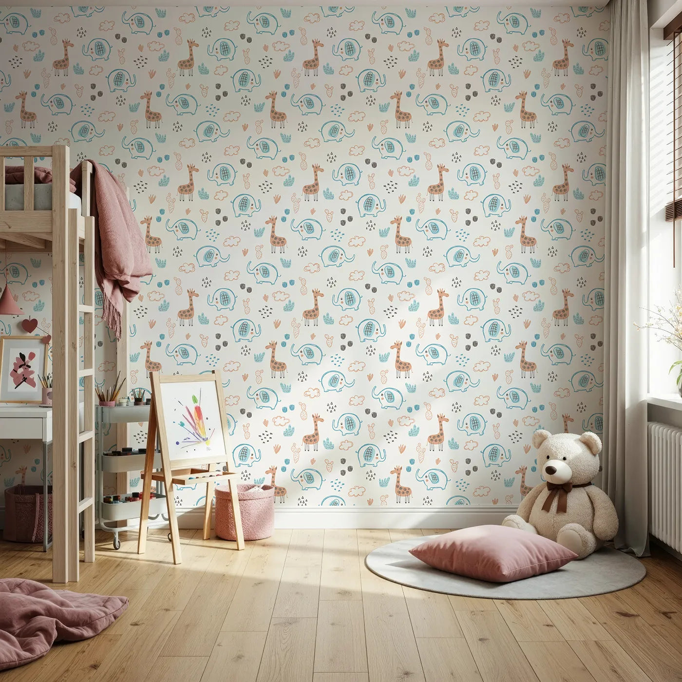 Front view of Whimsy Tots' Safari Doodle Friends Wallpaper