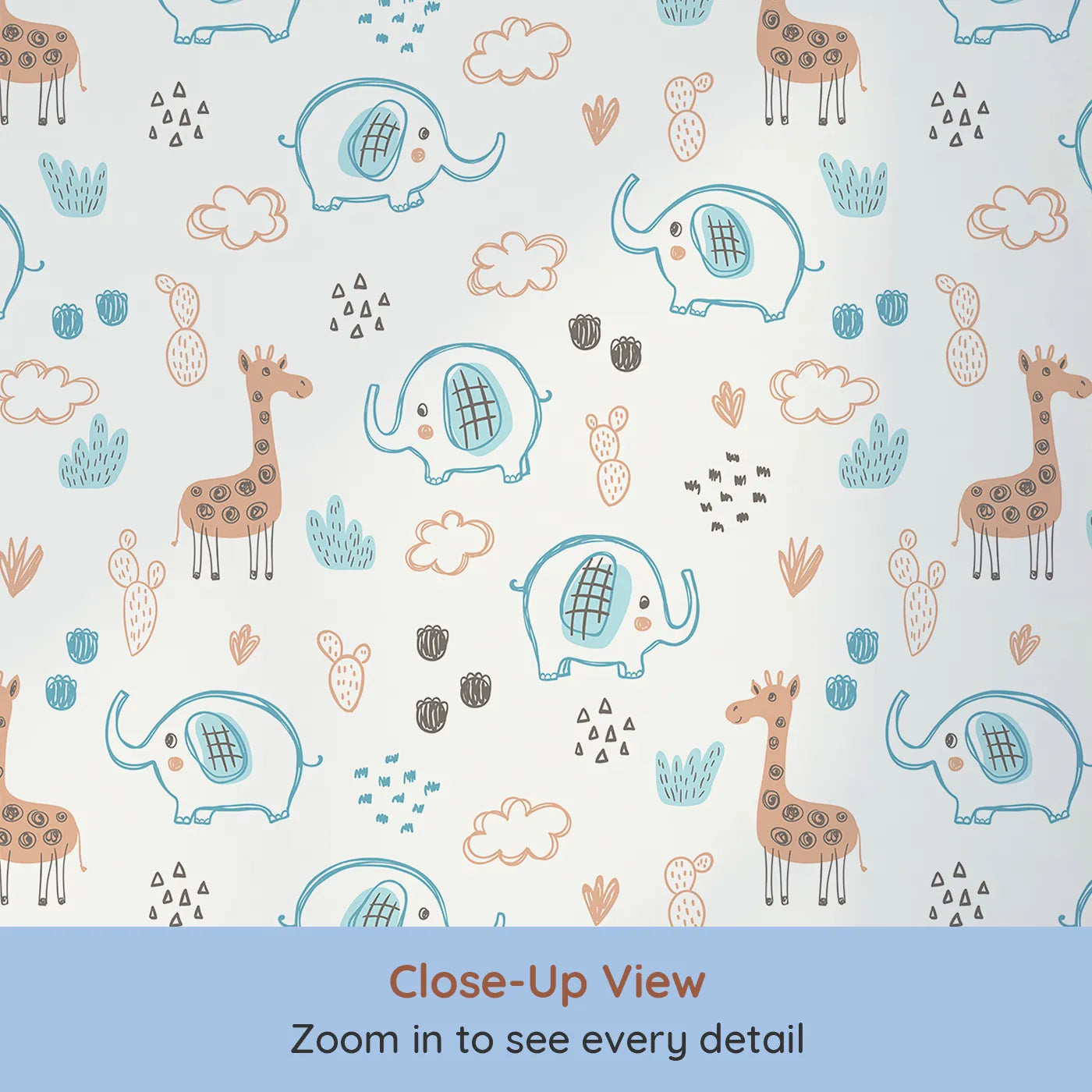 Close-up view of Whimsy Tots' Safari Doodle Friends Wallpaper (W2211).Where hand-drawn elephants and giraffes are ready to play.