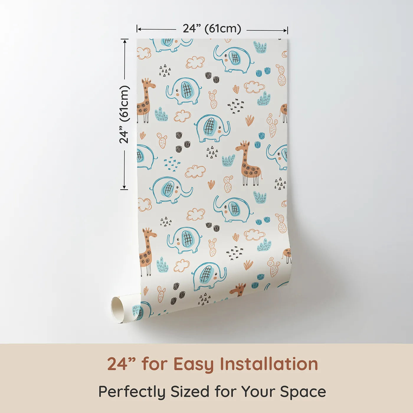 Dimension view of Whimsy Tots Safari Doodle Friends Wallpaper (W2211). Printed in 24-inch-wide panel for easy installation. Where hand-drawn elephants and giraffes are ready to play.