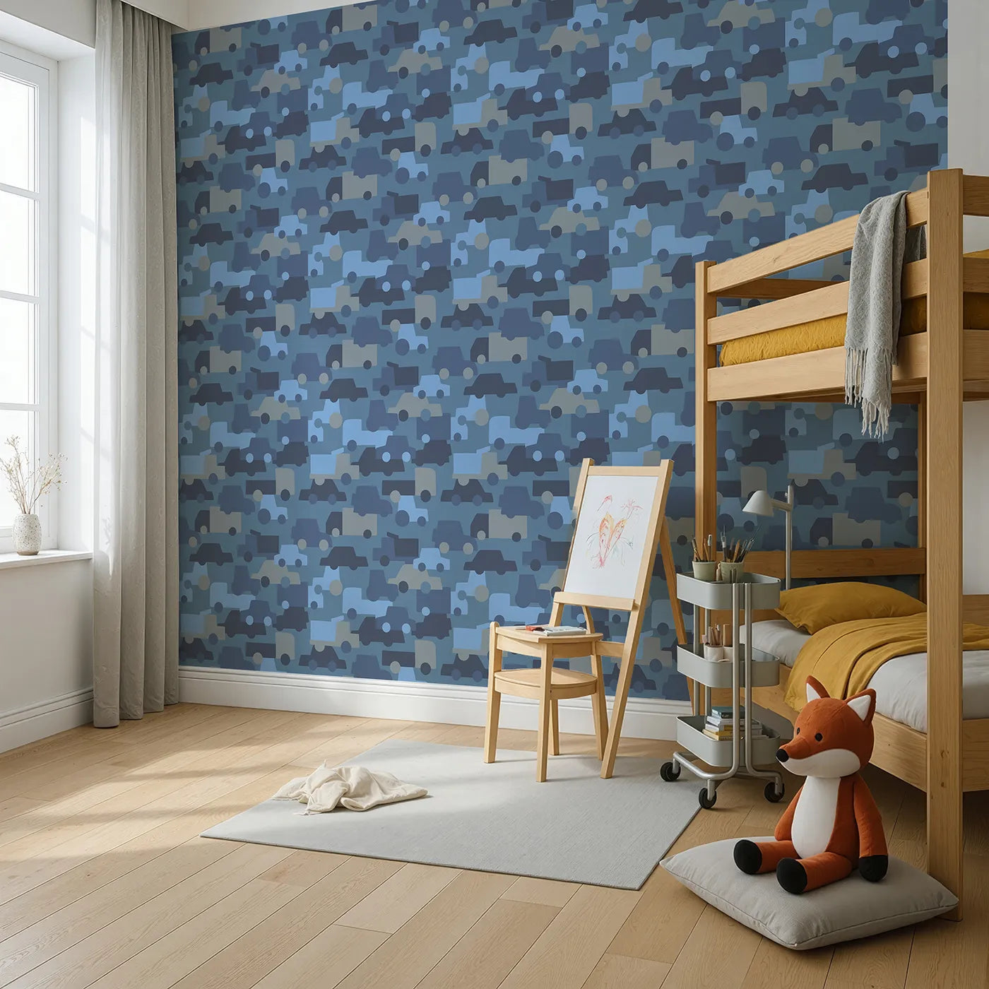 Angled view of Whimsy Tots' Blue Vehicle Camouflage Wallpaper (W2212).Where cars and trucks are hiding in plain sight.