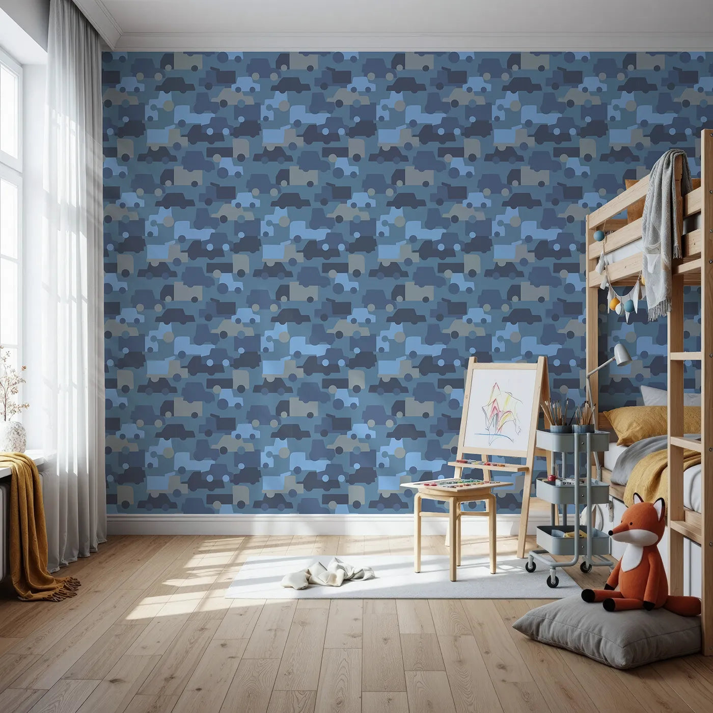 Front view of Whimsy Tots' Blue Vehicle Camouflage Wallpaper