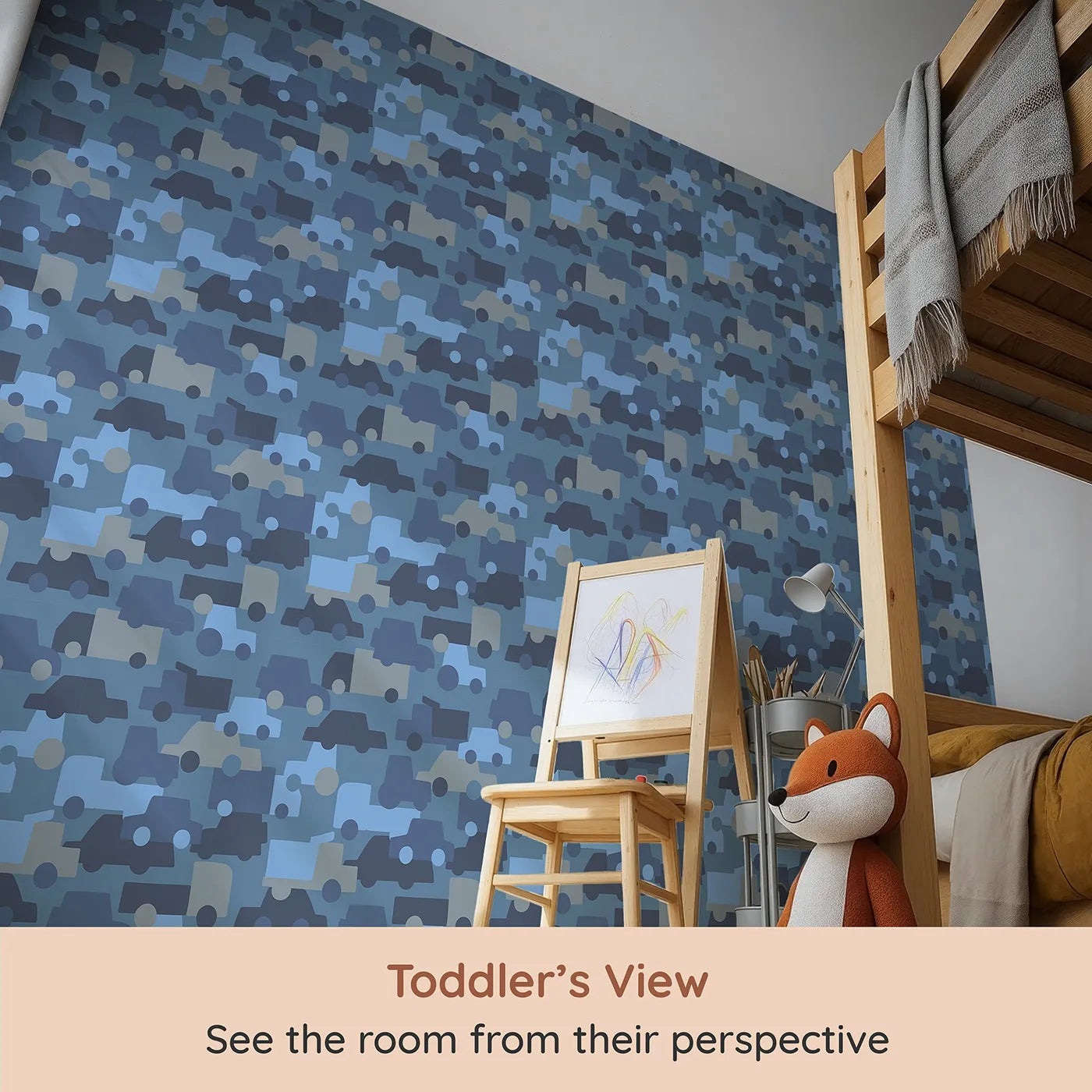 Whimsy Tots Blue Vehicle Camouflage Wallpaper (W2212) from your child's view.Where cars and trucks are hiding in plain sight.