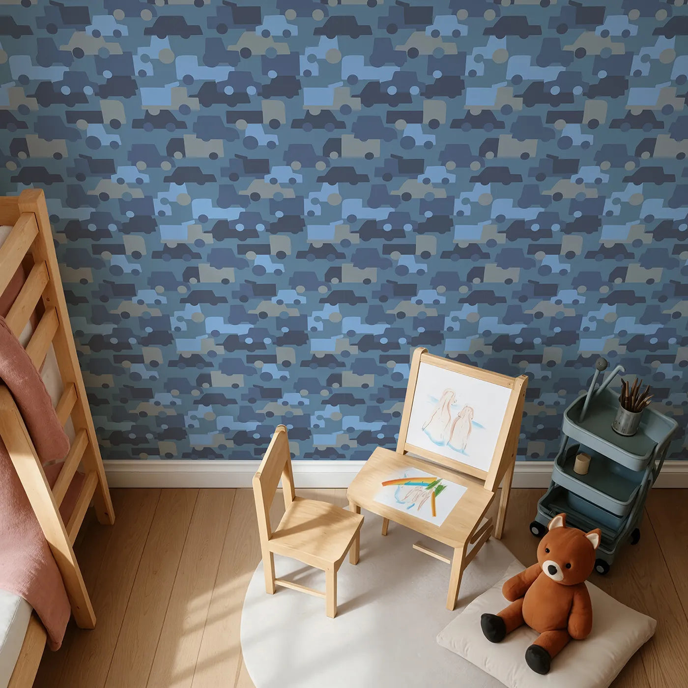 Top-Down view of Whimsy Tots' Blue Vehicle Camouflage Wallpaper (W2212).Where cars and trucks are hiding in plain sight.