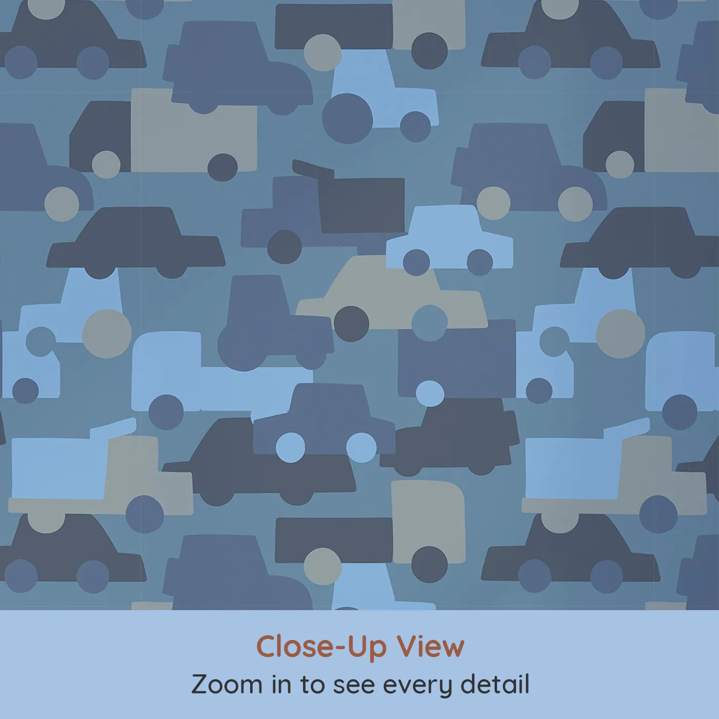 Close-up view of Whimsy Tots' Blue Vehicle Camouflage Wallpaper (W2212).Where cars and trucks are hiding in plain sight.